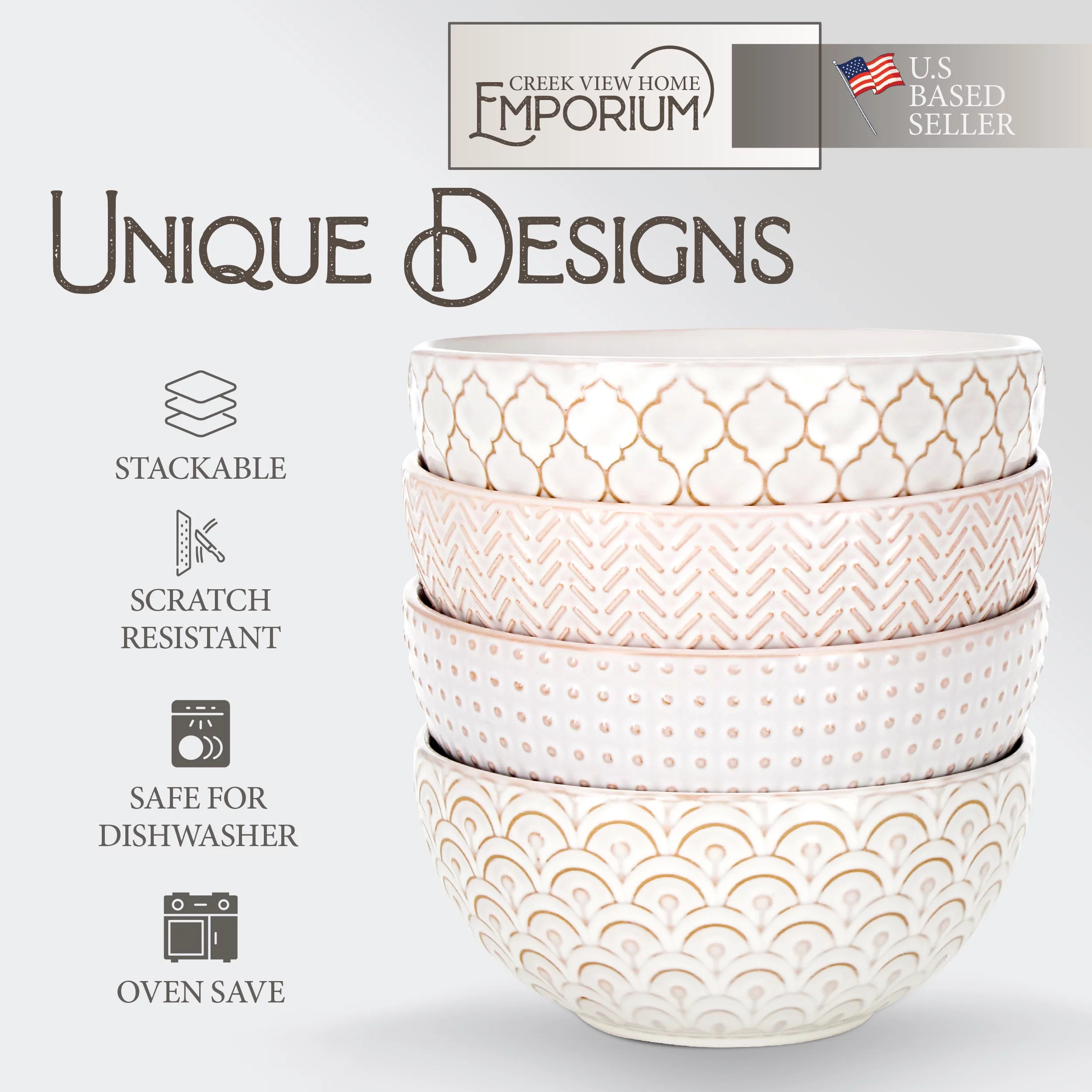 Creekview Home Emporium Soup Bowls 4 Pack - 6in White Embossed Stoneware Bowls