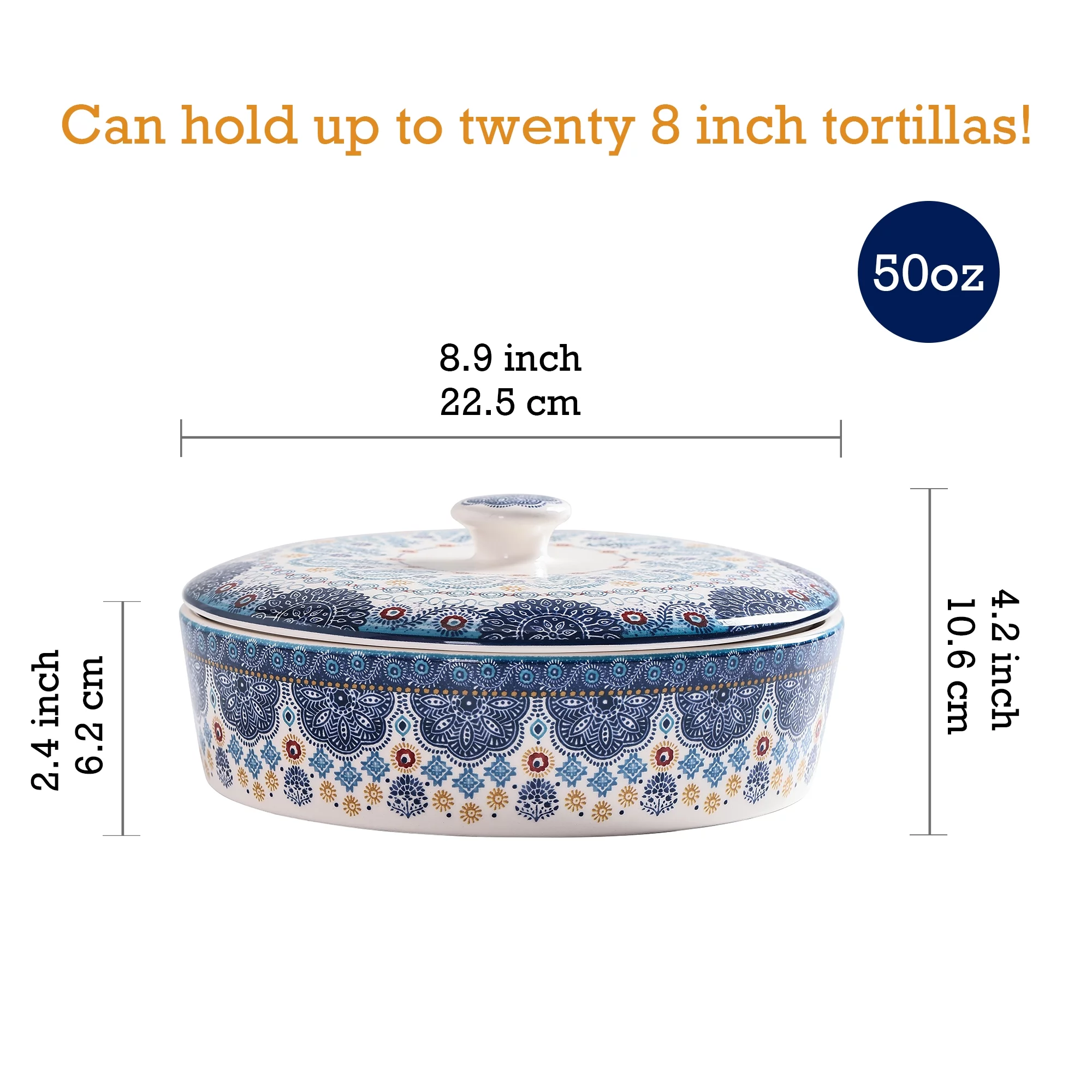 Bico Blue Talavera Ceramic 8.8 inch Tortilla Warmer, Tortilla Server with Lid, Taco Holder for Mexican Fiesta Party, Taco Tuesday, Microwave and Dishwasher Safe