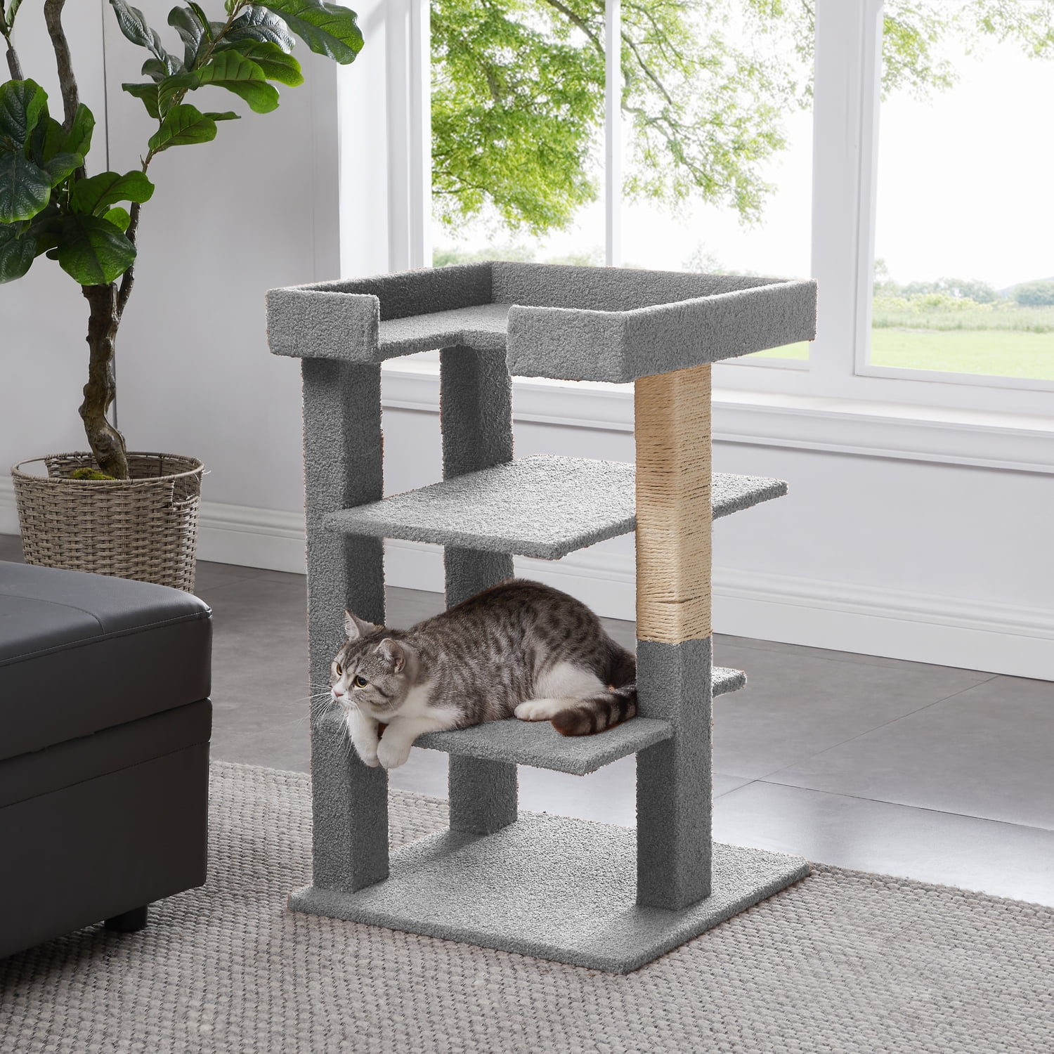 Naomi Home Multi-Level Cat Scratch Tower Wooden Furniture, Cat Home for Large, Small, Little Cats-Color: Gray