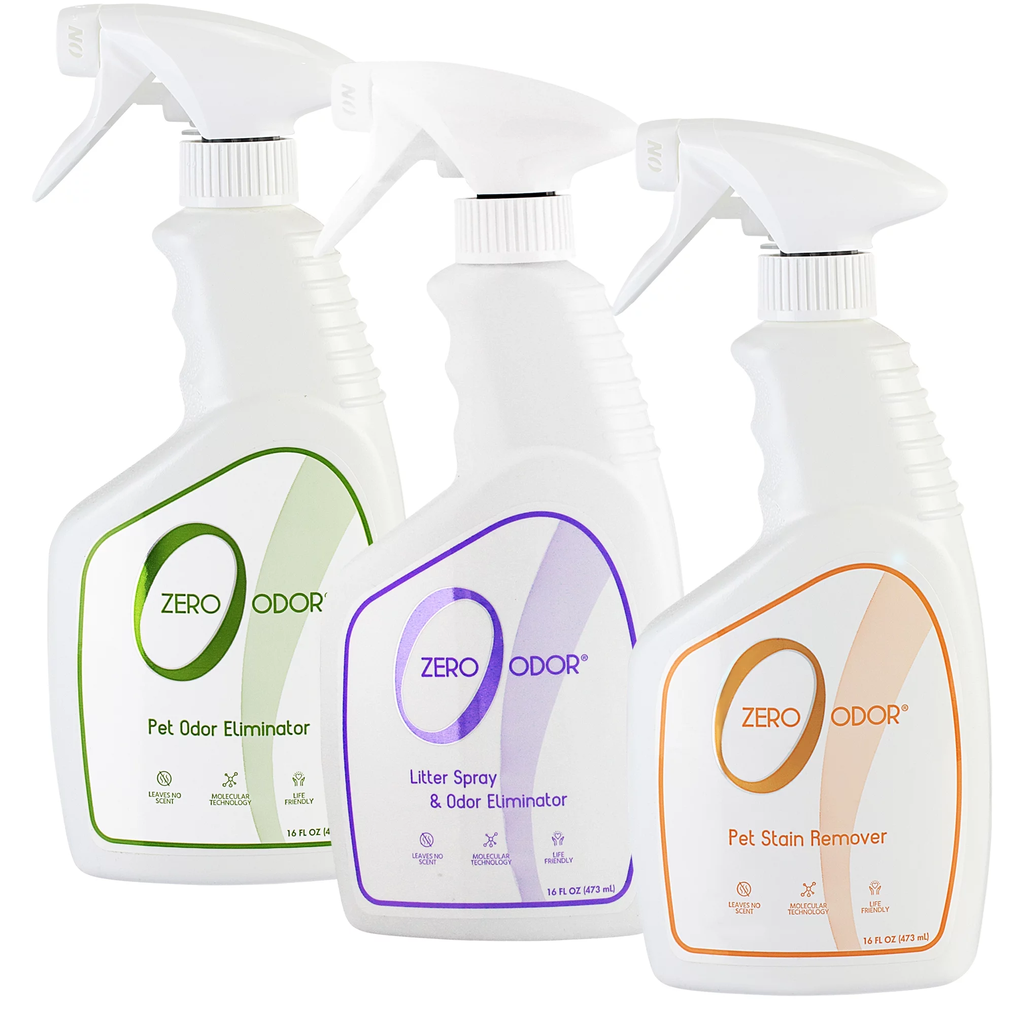 Zero Odor Pet Odor Eliminator Spray Kit with Litter Box Deodorizer and Stain Remover Set of 3