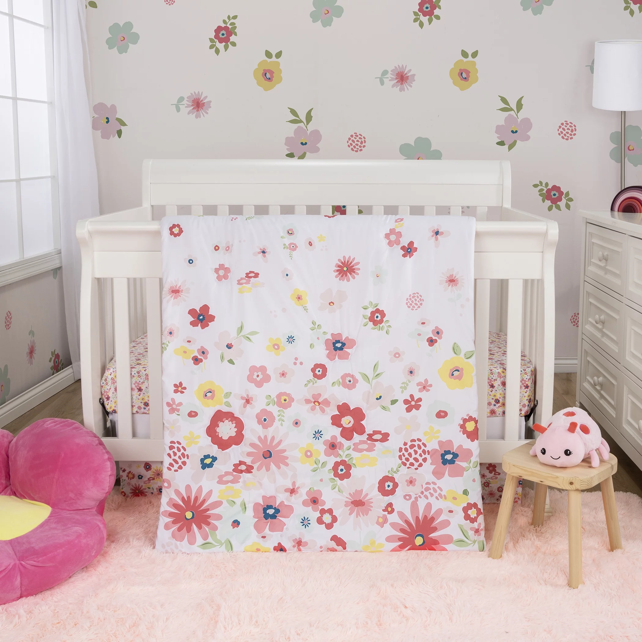 Sammy & Lou Floral Sprinkles 4 Piece Crib Bedding Set, Infant, Pink, Ladybug