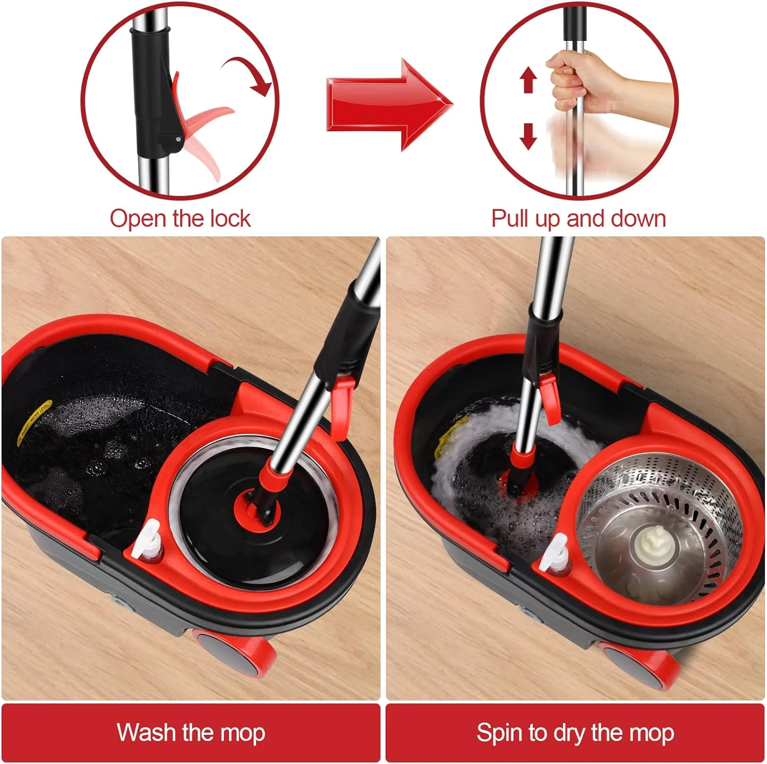 Plus Sized Spin Mop and Bucket Set on Wheels, 360 Spinning Mop Bucket with 3 Replacement Refills & 61