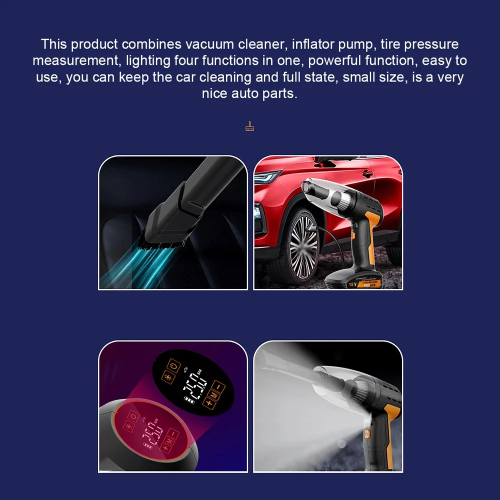 Arealer Multi-function High Power Car Cleaner Cordless Rechargeable Car Tire Inflator Pump Digital Display Tire Pressure Tester with 4-in-1 Car Accessory