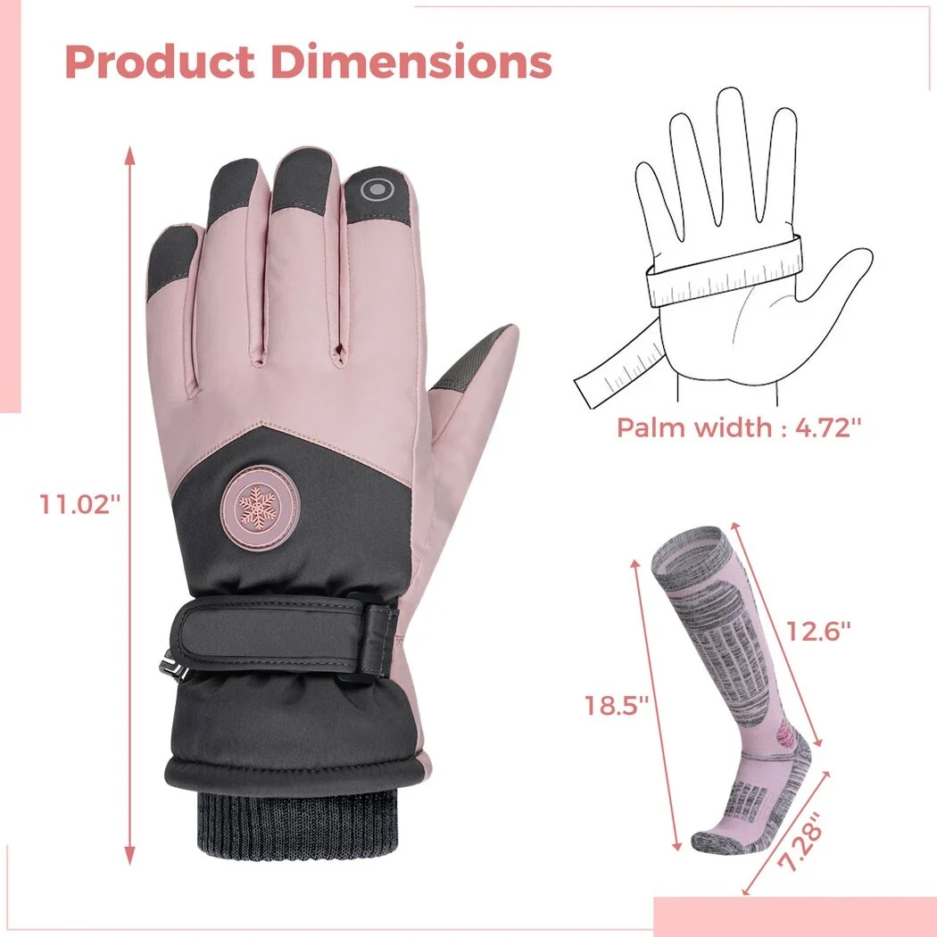 Ski Gloves& Ski Socks Set for Women, Warm Waterproof Anti-Skid Touchscreen Gloves, Thick Thermal Socks for Winter Skiing, Cycling, Hiking
