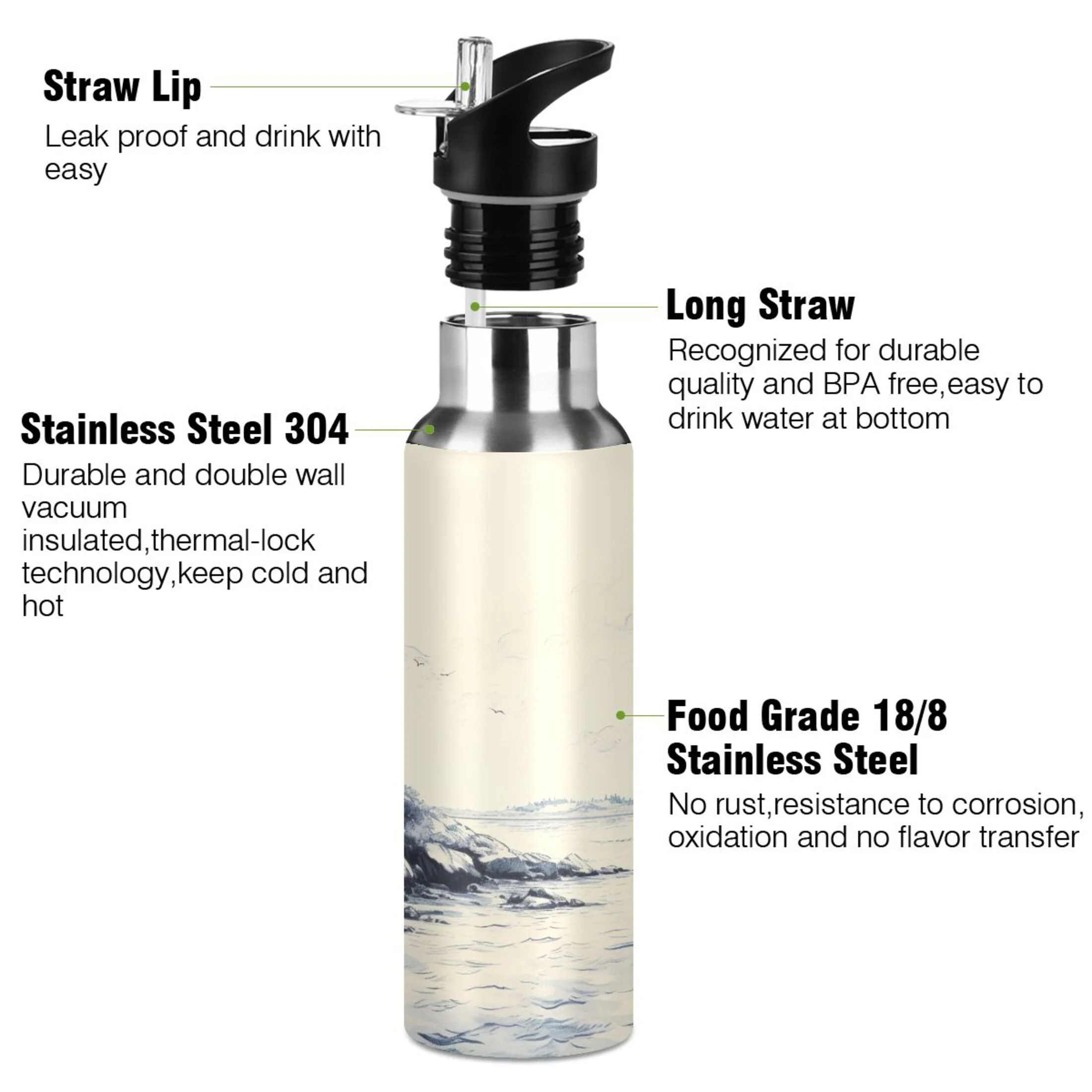 Ship in Sea Landscape Water Bottles Insulated Thermos Kids Stainless Steel Bottle with Straw Lid Flask Leakproof for Sports Gym 20 oz