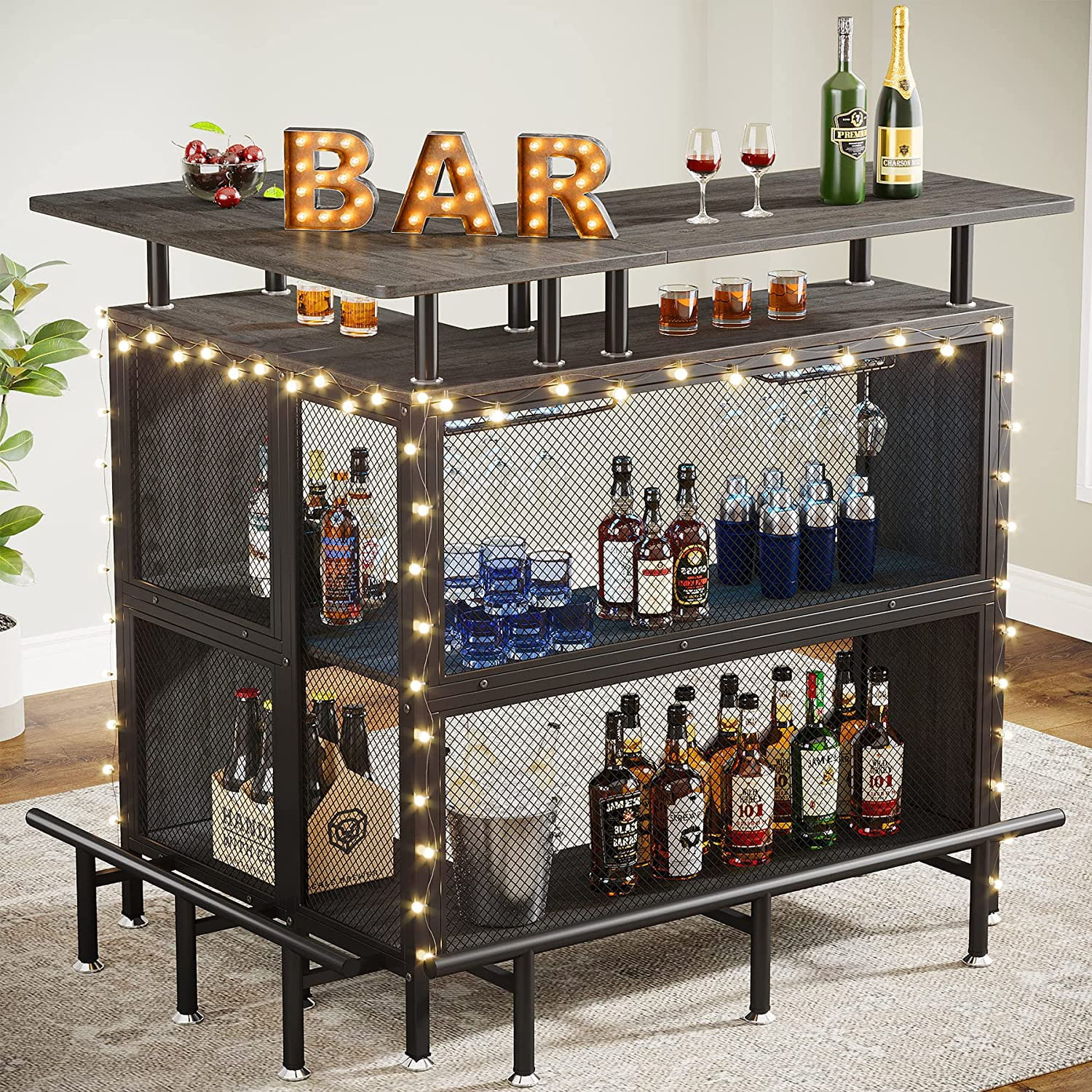 Tribesigns Home Bar Unit, Bar Table Liquor Cabinet with Stemware Rack, 2 Shelves and Metal Footrest, Gray