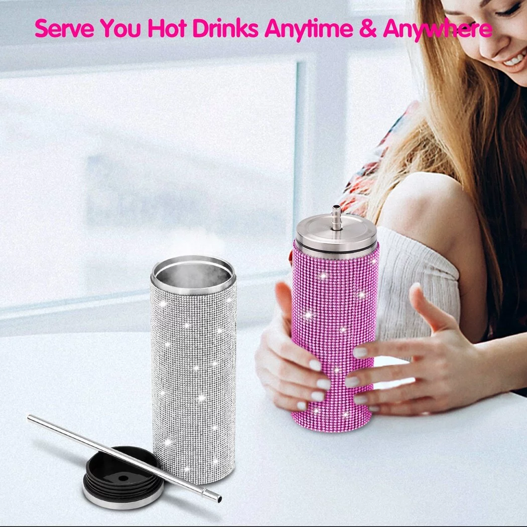 2 PCS Rhinestone Insulated Bottles, 600 ML Glitter Diamond Bottles with Lids And Straws, Rhinestone Tumblers, Stainless Steel Glitter Thermal Water Bottles