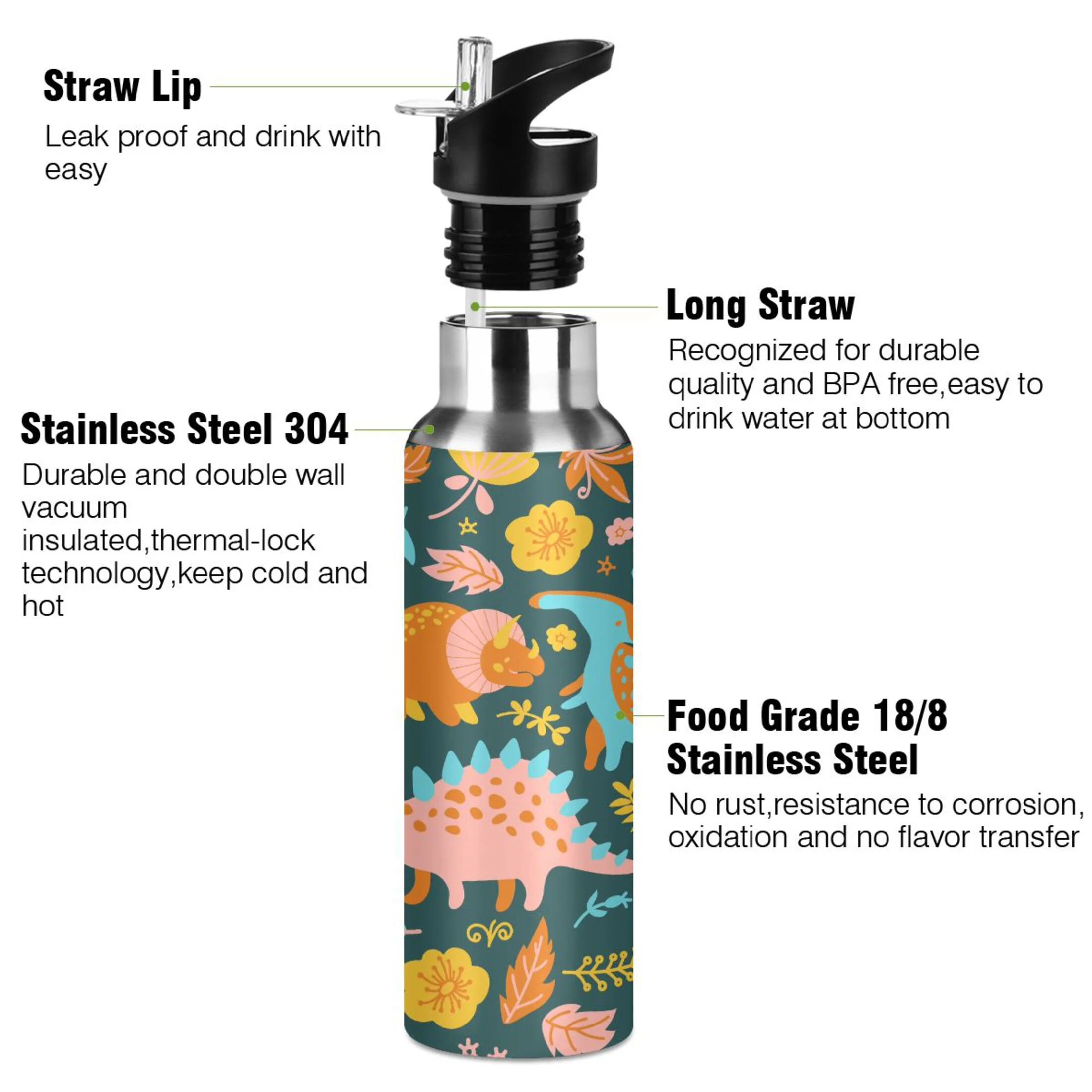 Water Bottle with Straw Lid Leak Dinosaur Cartoon Animals Stainless Steel Insulated Thermos Vacuum Flask for Cold Hot Drinking for Sports Camping Gym Yoga