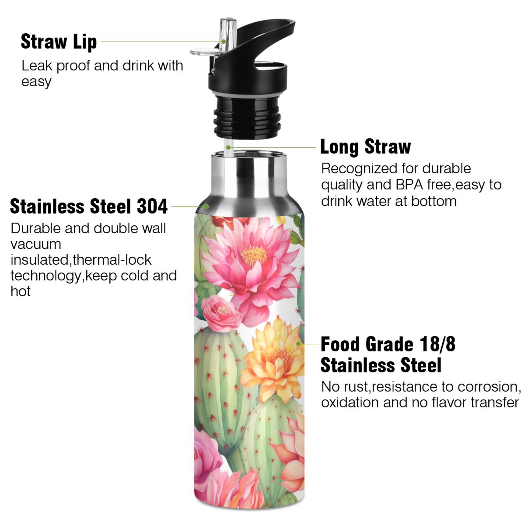 Cactus and Flowers Water Bottles Insulated Thermos Kids Stainless Steel Bottle with Straw Lid Flask Leakproof for Sports Gym 20 oz