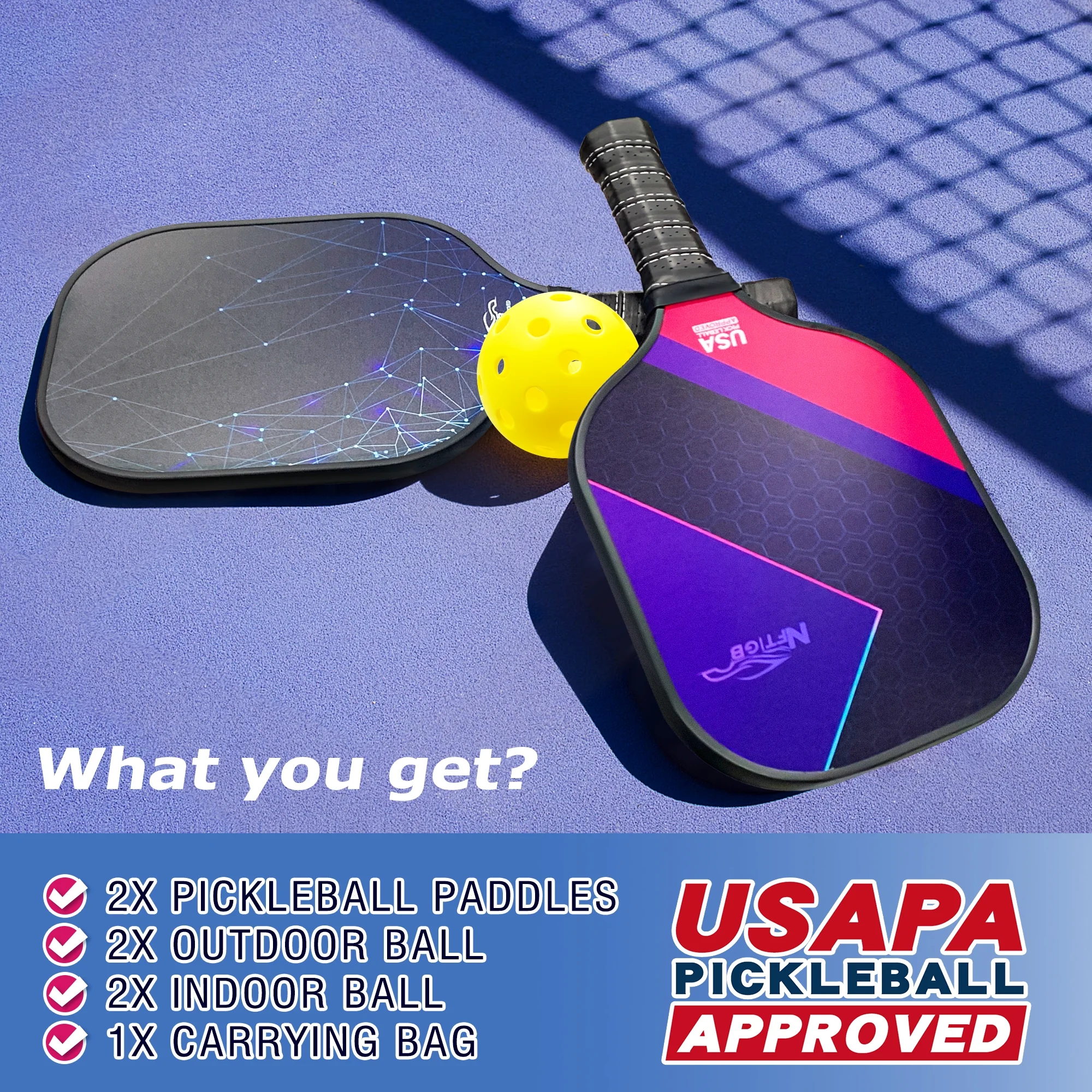 NFTIGB Pickleball Paddles, USAPA Approved Fiberglass Pickleball Set of 2, Lightweight Pickleball Rackets Set with 4 Balls