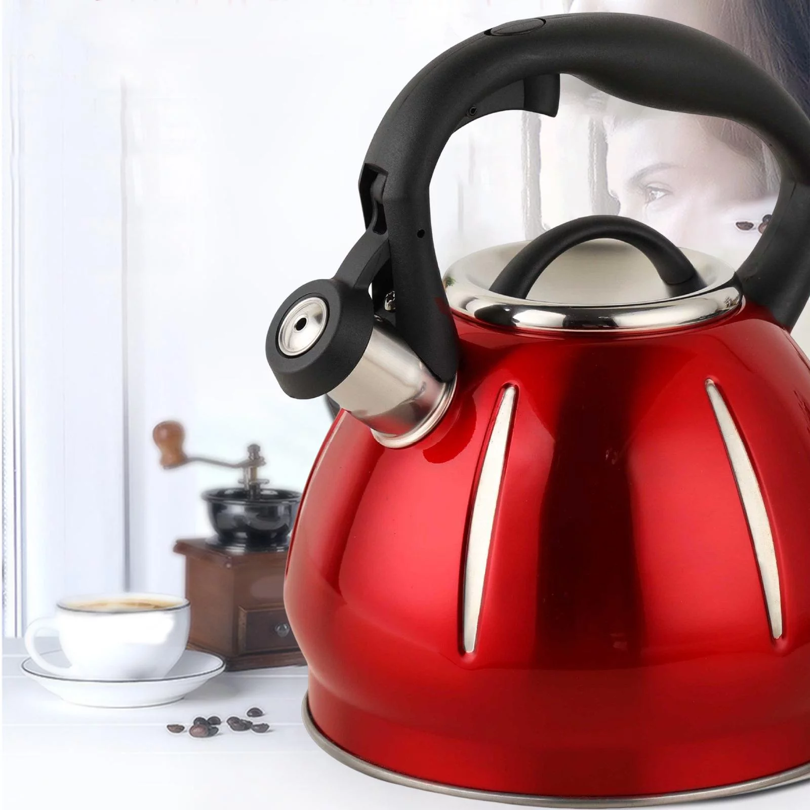 Household Whistling Kettle 3L Large Capacity Hiking Teapot Kitchen Sounding Kettle Picnic Boiling Water Red