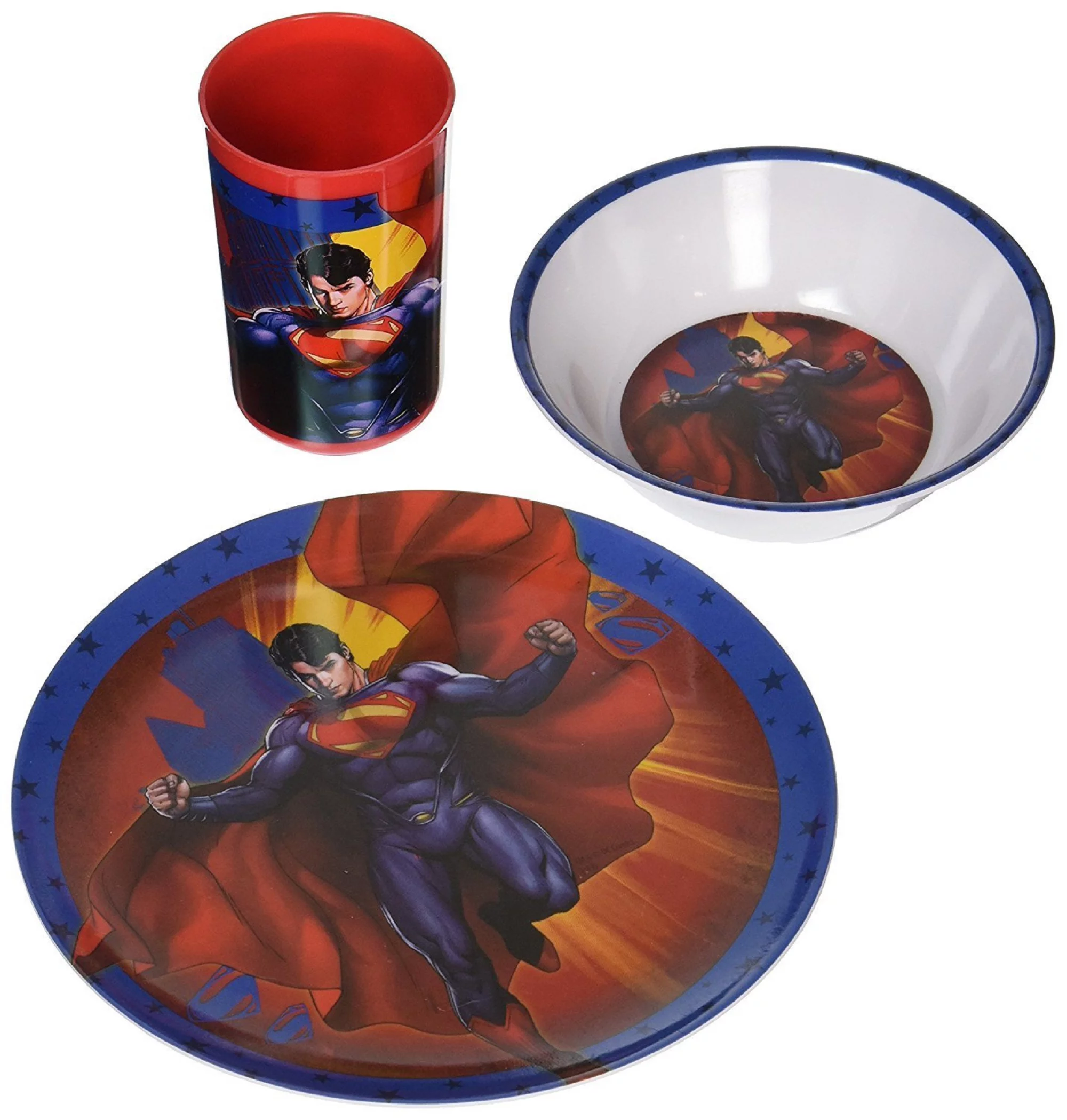 SUPERHERO Snack Size Melamine Plates and Bowls Sets Batman, Superman, Man of Steel, Caped Crusader  (SUPERMAN Dinner Set (3pc))