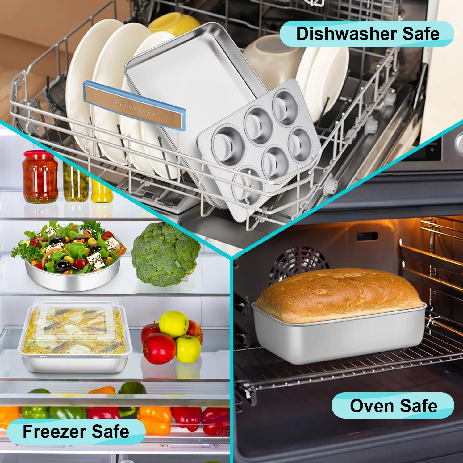 Walchoice Stainless Steel Bakeware Set of 6, Metal Toaster Oven Pans, Professional Baking Pans Include Cookie Sheet, Loaf & Muffin Pan