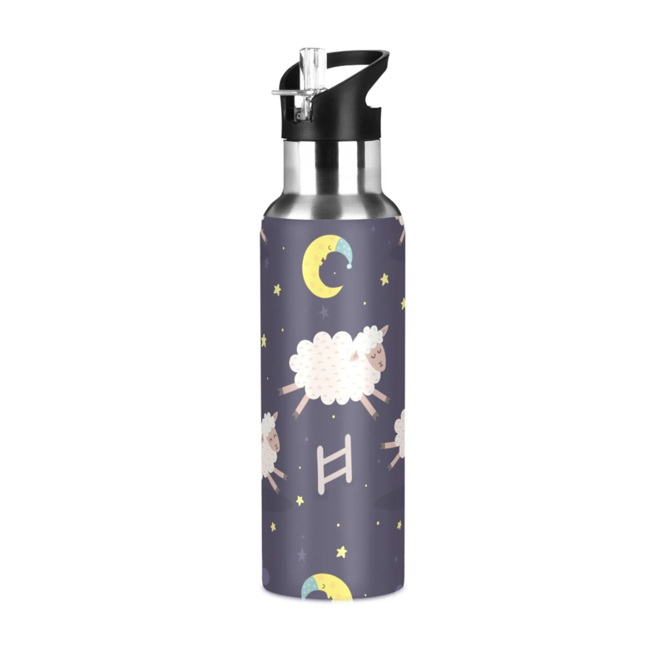 Stainless Steel Water Bottle Good Night Sheep Moon with Straw Lid Vacuum Insulated Leak Proof Flask Jug for Gym Travel Sports Cycling Outdoor 20 OZ