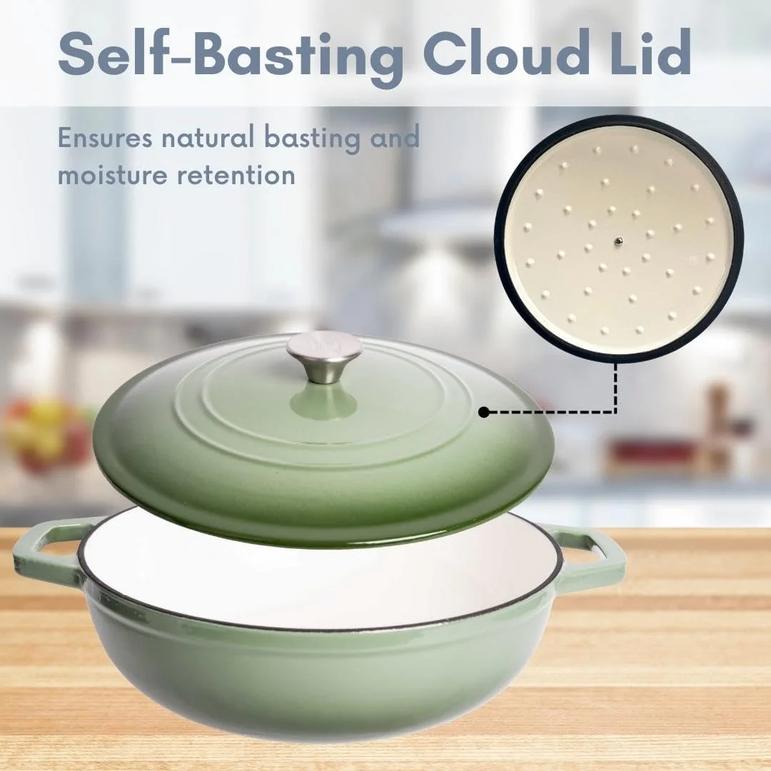 Open Box LEXI HOME 6QT Round Cast Iron Dutch Oven Braiser in Green Ombre with Lid - GREEN