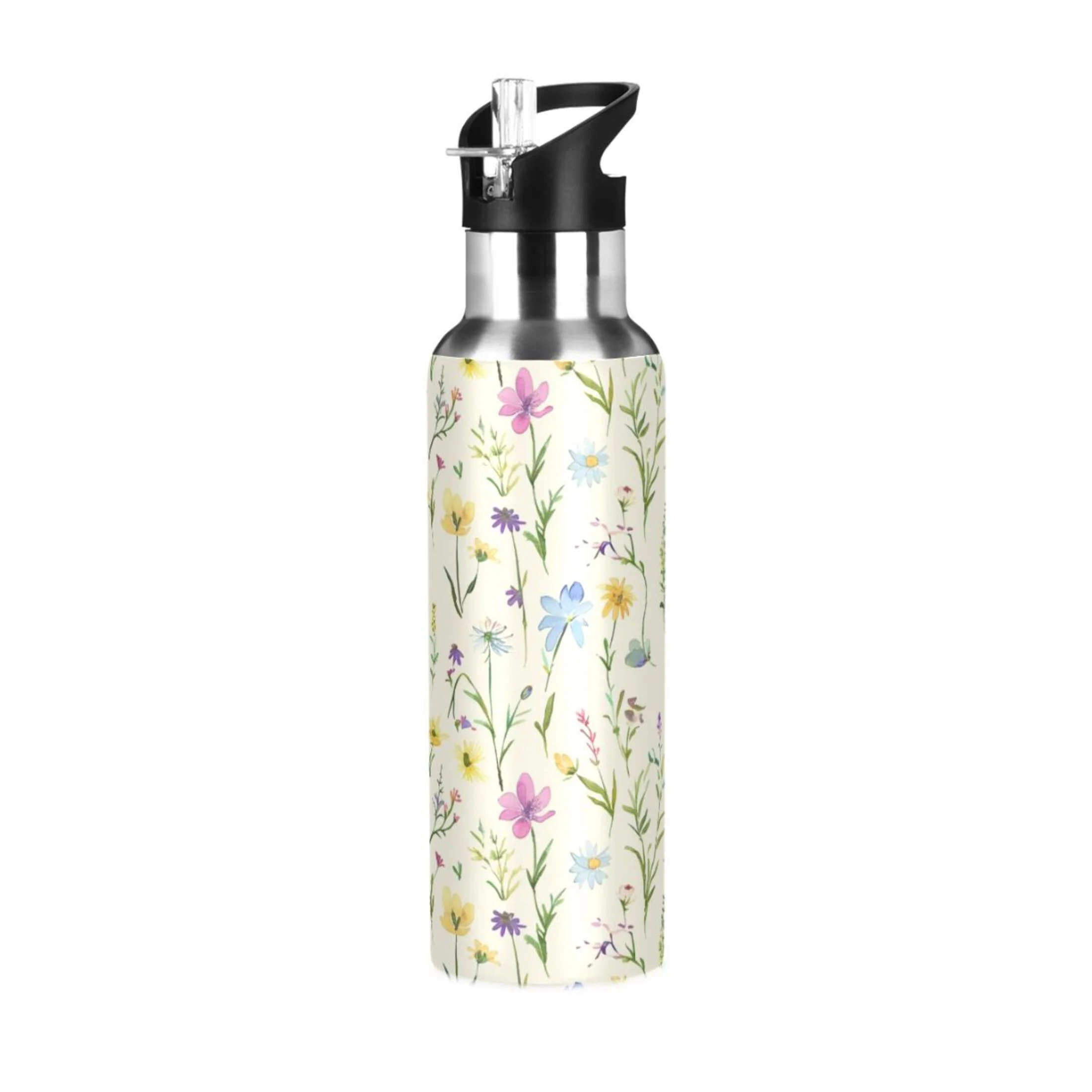 Flowers Summer Floral Water Bottles Insulated Thermos Kids Stainless Steel Bottle with Straw Lid Flask Leakproof for Sports Gym 20 oz