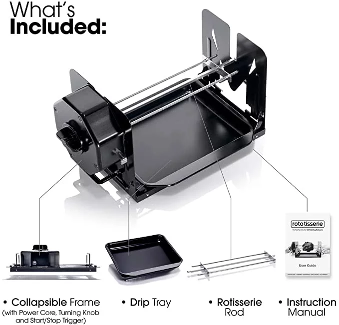 Roto Tisserie! Non Electric Rotisserie Machine. Portable for Convection Oven, Air Fryer Oven, BBQ Rotisserie, Fire Pit. Self Rotating Spit Roaster for Rotisserie Chicken, Shawarma, and 5lbs Foods