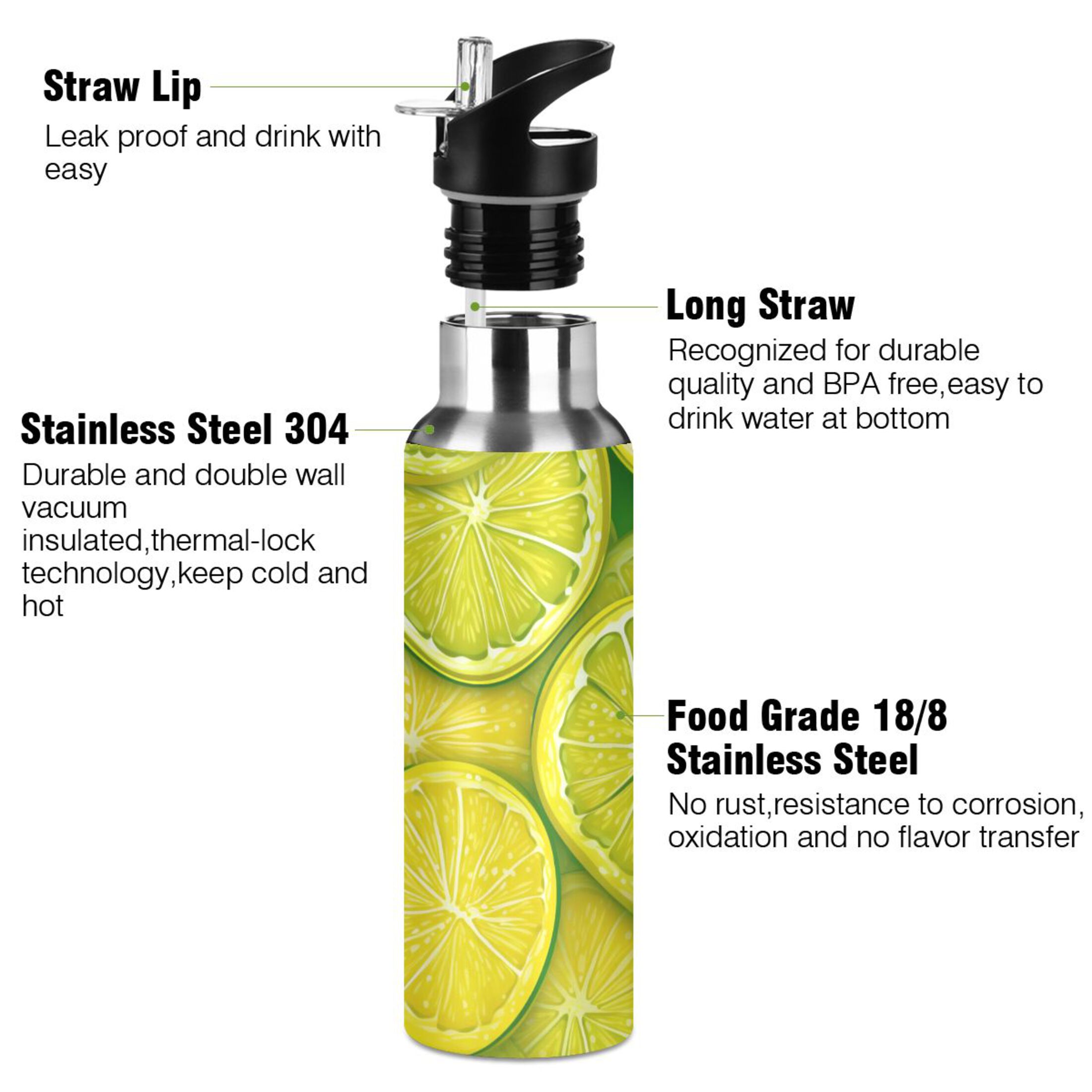 Lemon Fruit Water Bottles Insulated Thermos Kids Stainless Steel Bottle with Straw Lid Flask Leakproof for Sports Gym 20 oz