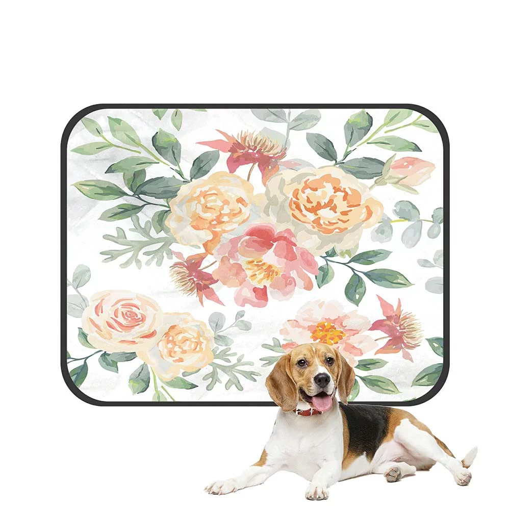 ECZJNT Pink Roses And Peonies With Gray Leaves On The White Pet Dog Cat Bed Pee Pads Mat Cushion Potty Dogs Blankets Crate Bed Kennel 28x36 inch