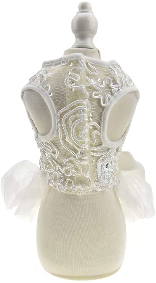 Hollow Dog Wedding Dress Tutu Skirt Luxury Lace Pearl Bow Christmas Dress Costume for Small Dog Pet Apparel (S, White)