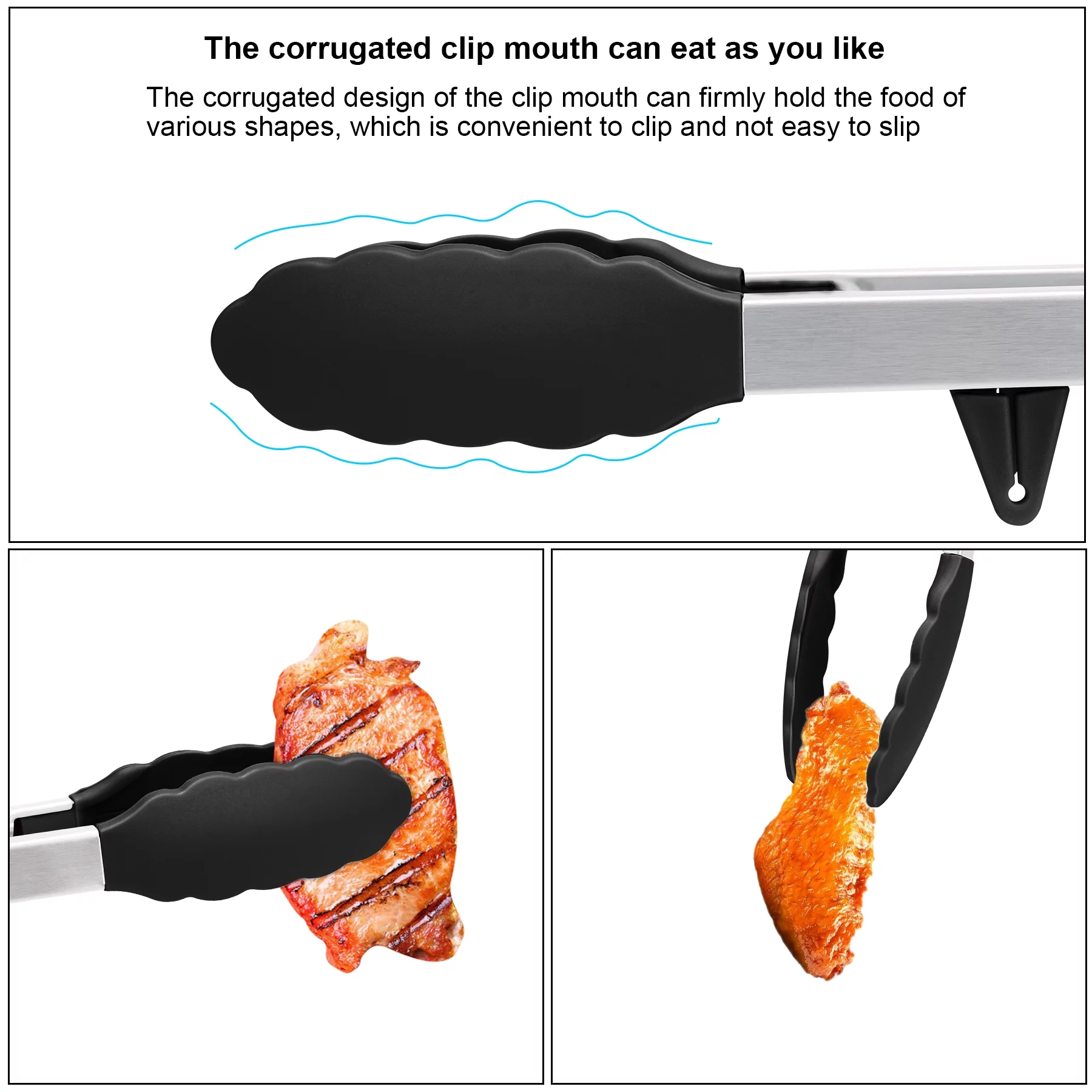 4in1 Stainless Steel Kitchen Food Tongs Set for Cooking with BPA Free Silicone Tips, Toaster Steak Pie Pizza Pasta Spaghetti Noodles Salad Fruit Vegetable Grill BBQ Buffet Clamp Serving Tools Gadgets