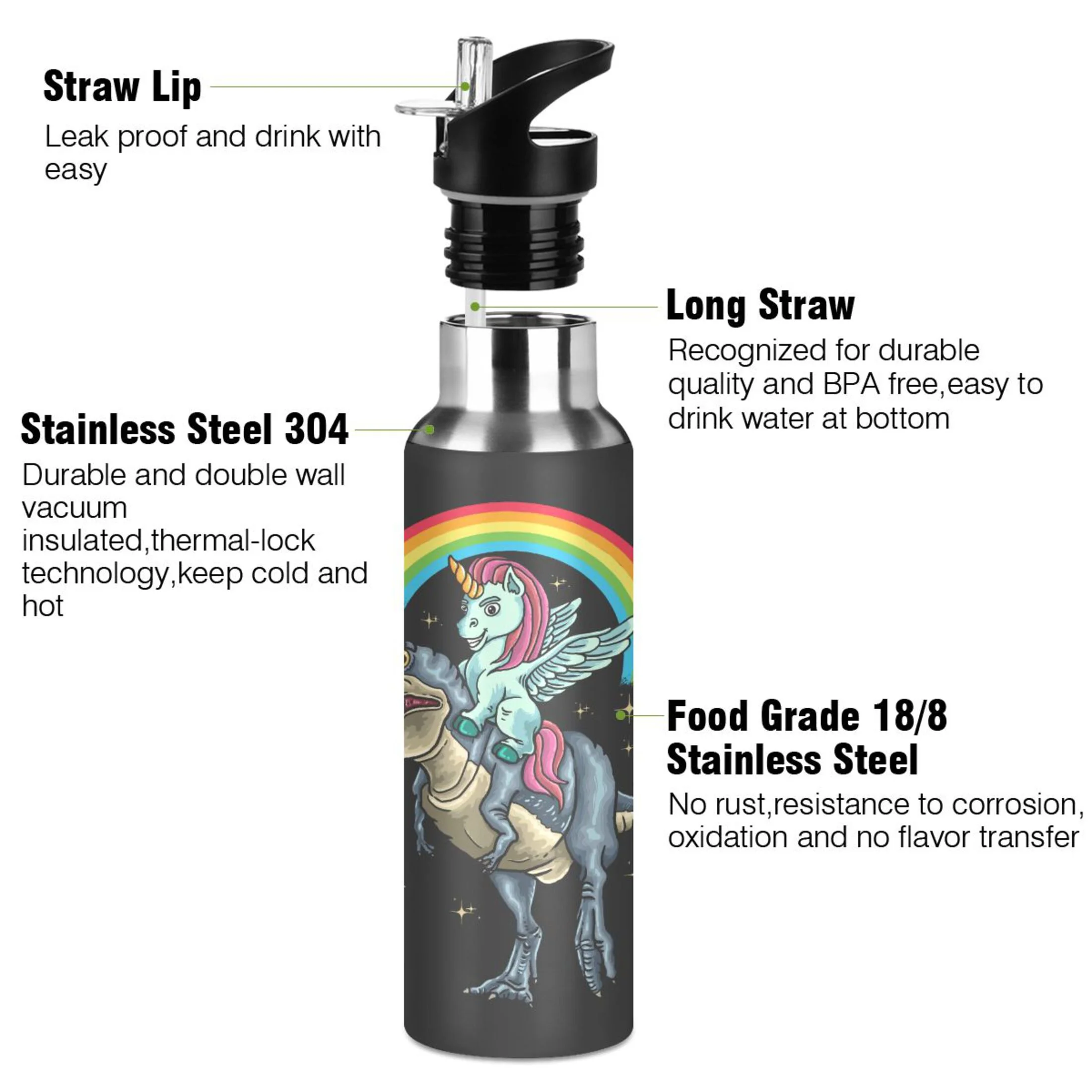 Water Bottle with Straw Lid Leak Dinosaur Unicorn Stainless Steel Insulated Thermos Vacuum Flask for Cold Hot Drinking for Sports Camping Gym Yoga