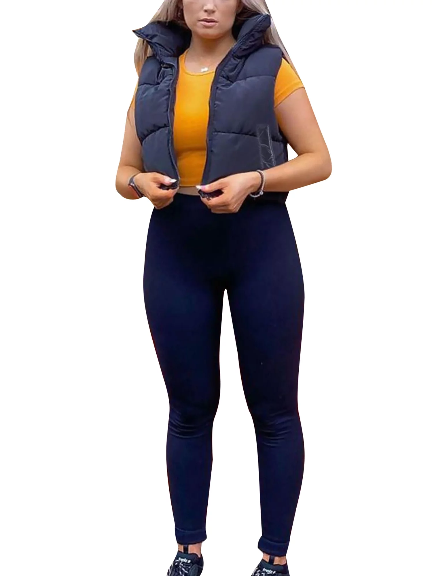 CenturyX Women Winter Warm Cropped Waistcoat Zip Up Stand Collar Sleeveless Puffy Puffer Padded Vest Lightweight Outerwear Black M