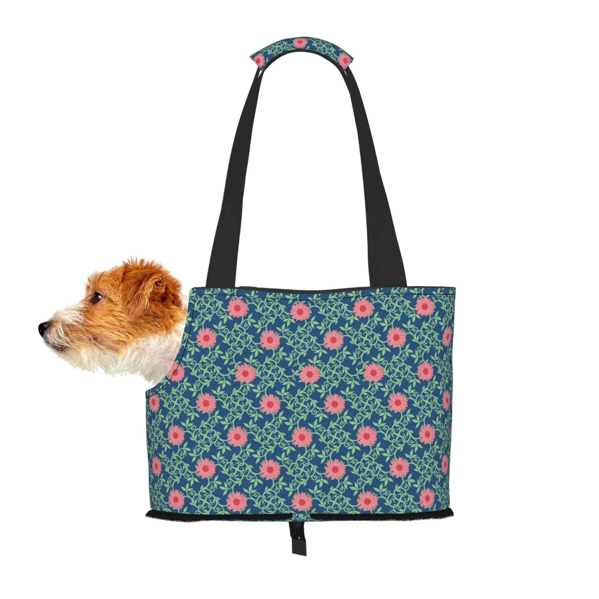 TEQUAN Foldable Dog Purse Carrier, Collapsible Pink Flowers Green Leaves Prints Pet Travel Tote Bag for Small Cat Puppy, Waterproof Dog Soft-Sided Carriers