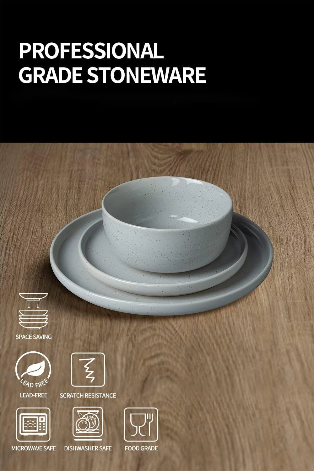 Famiware Plates and Bowls Set, 12 Piece Stoneware Dinnerware Sets, Light Gray