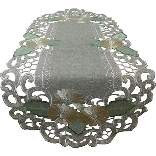 Doily Boutique Table Runner with Gold Daisy Flowers on Sage Green Burlap Linen Type Fabric, Size 35 x 15 inches