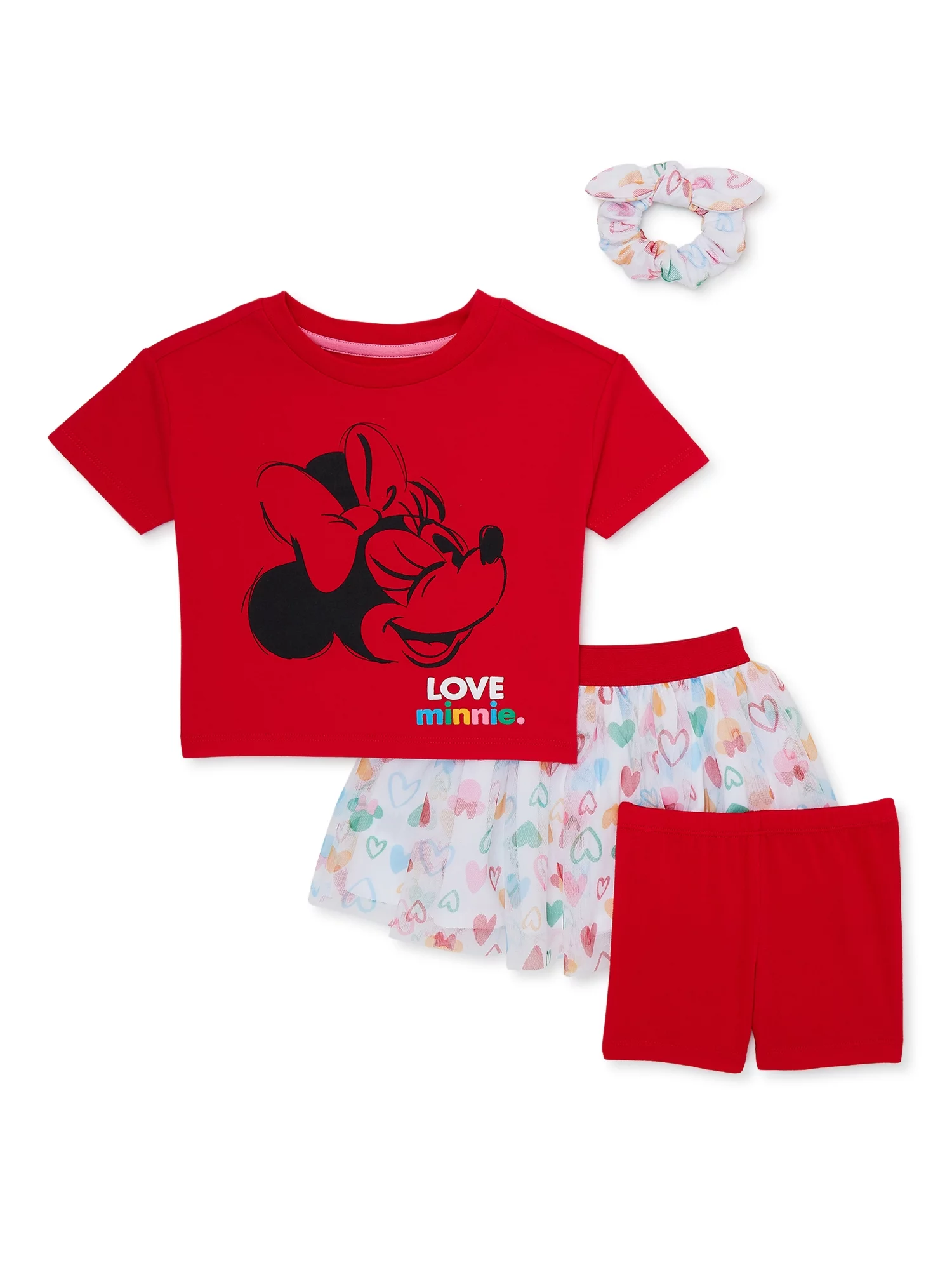 Minnie Mouse Baby and Toddler Girl Tee, Shorts, Skirt and Hair Scrunchy Set, 4-Piece, Sizes 12M-5T