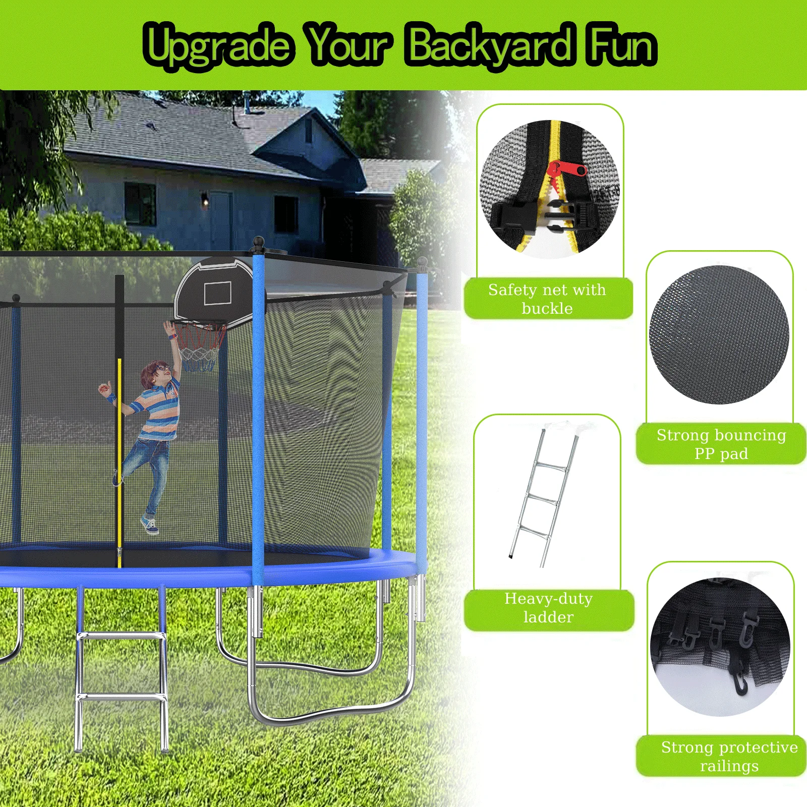 HEVAOTRY Kids Trampoline 10FT Round Trampoline with Basketball Hoop Safety Enclosure Net Ladder Padding-In Net