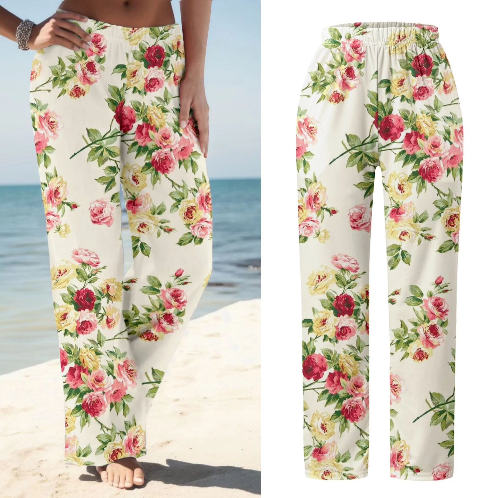 WEAIXIMIUNG Female Wide Leg Trousers Women Womens Daily Home Outdoor Elastic Waist Side Pockets Trousers Casual Pants Beige S