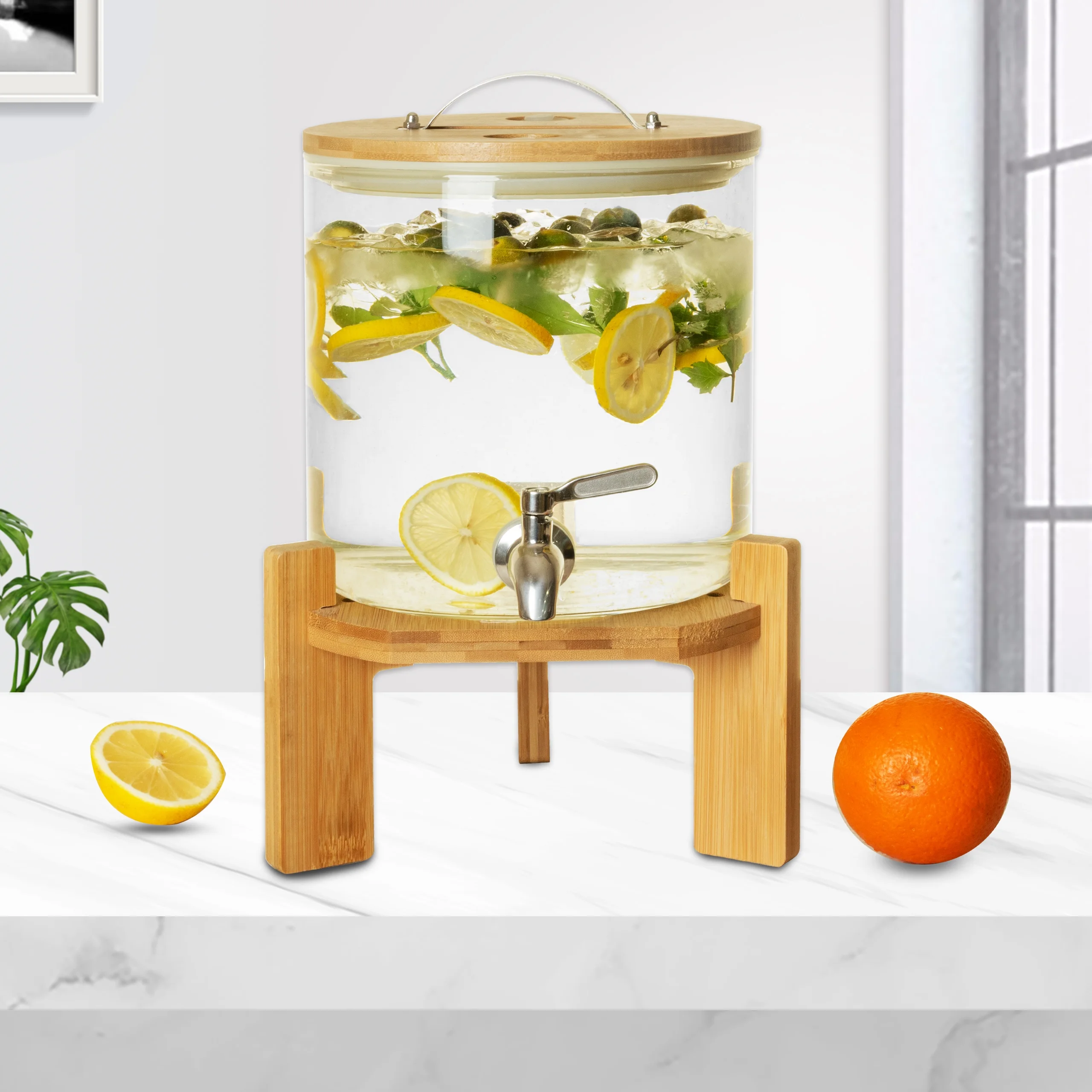 L'ÉPICÉA 5L Glass Drink Dispenser with Stand,Beverage Dispenser with Wooden Stand, Stainless Spigot
