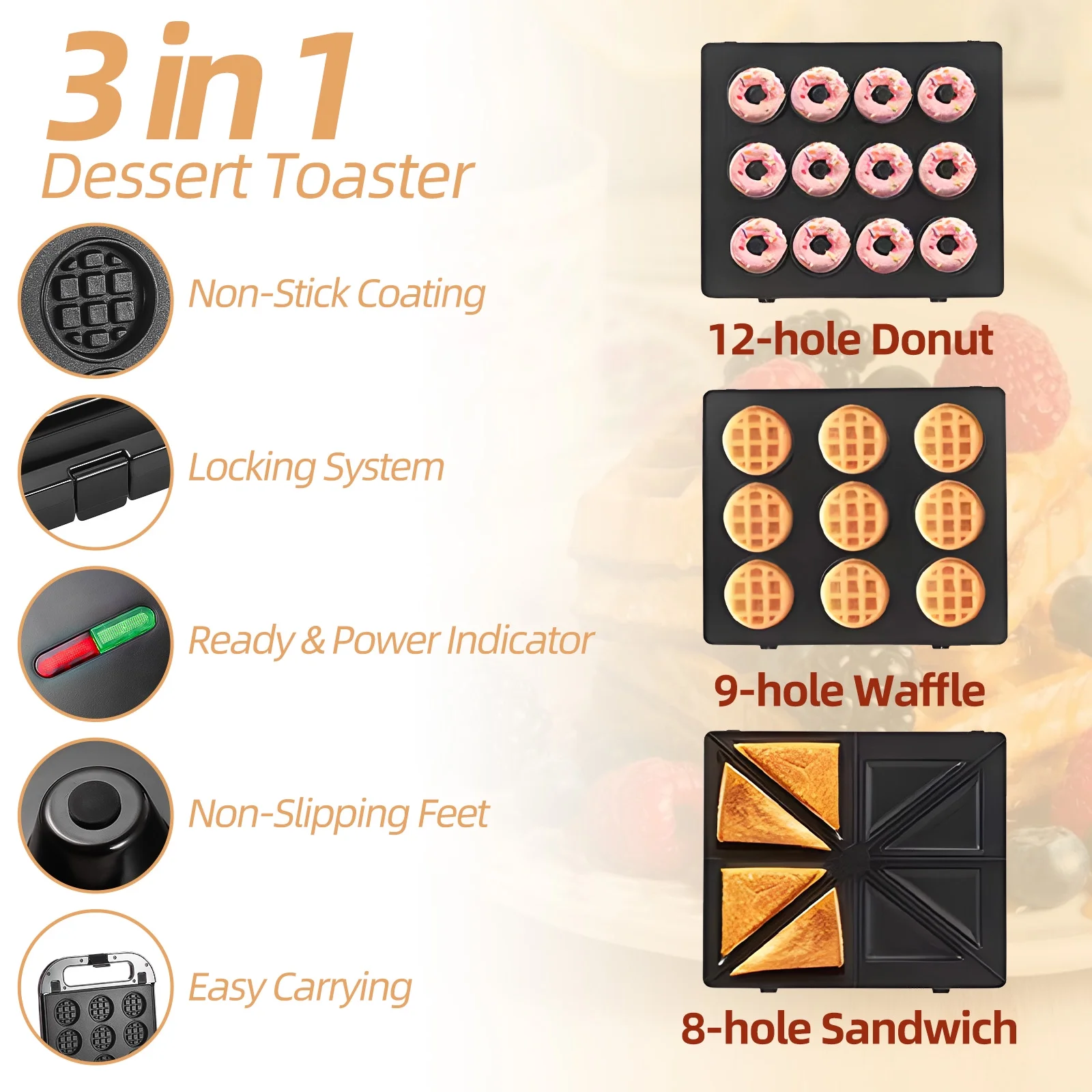 Andoer Electric toaster,And Afternoon Tea Dessert Toaster Use Toaster And Afternoon 3-in-1 Press Iron 1400w 3-in-1 Press Donut Maker Press Iron Set Iron Set Dessert Nonstick Plates Huiop