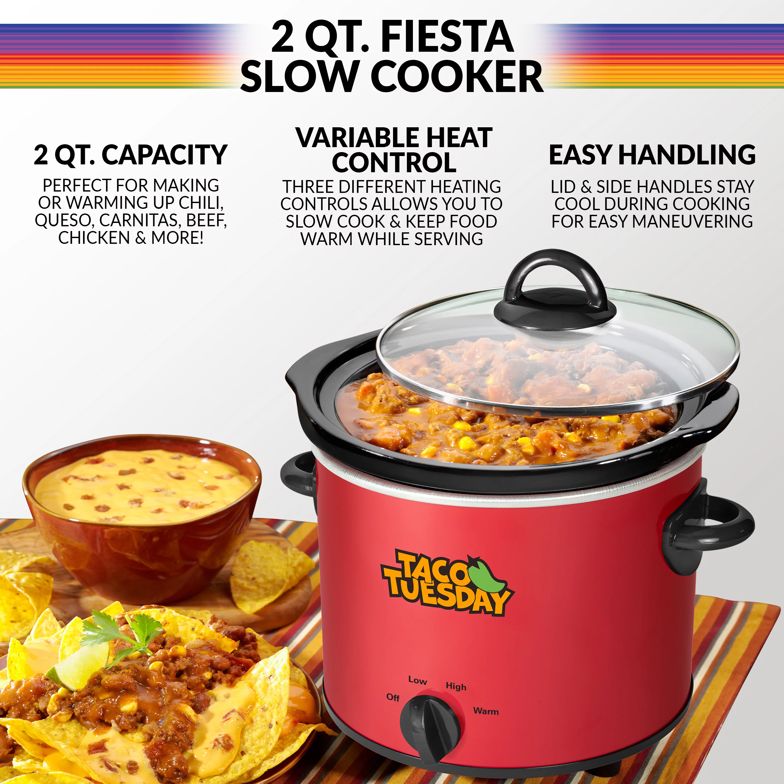 Taco Tuesday TTRDP2RD 2-Quart Fiesta Slow Cooker With Tempered Glass Lid, Cool-Touch Handles, Removable Round Ceramic Pot