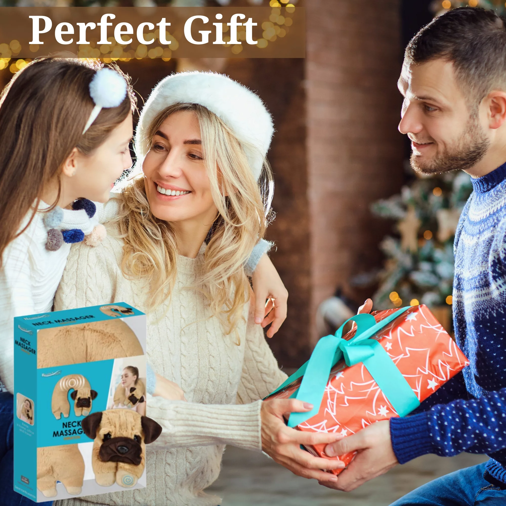 Health Touch Neck Massaging Massager Gift with Relaxing Vibration, Massage Cushion Pillow for Neck Back Shoulder Pain Relief, Men & Women Soft Travel Massage Wrap (Dog) & Custom Storage Carrier