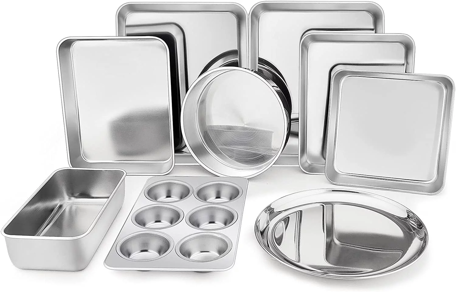 Walchoice Stainless Steel Bake Set of 9, Metal Cake Baking Pans, Include Baking Pans & Cookie Sheets, Pizza/Loaf/Muffin Pan