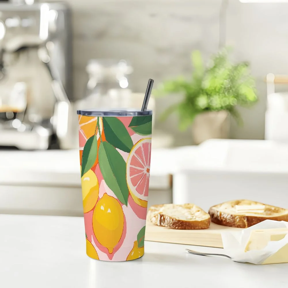 JEUXUS  Extra Large Insulated Water Bottle, 33 Ounce Stainless Steel Water Bottle with Handle, Pink Double Wall Metal Tumbler with Lid, Lemon Toss