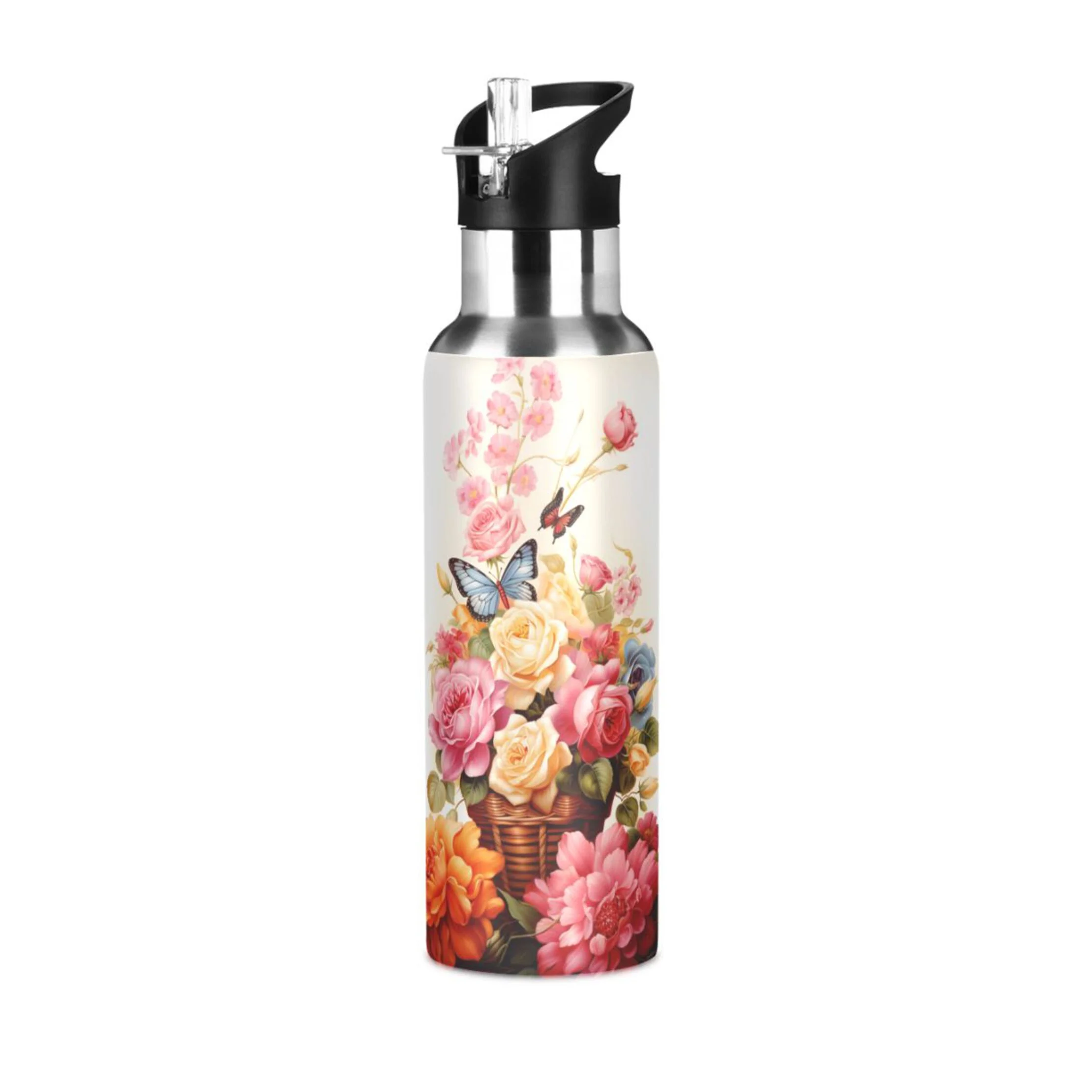 Butterflies on Beautiful Flowers Water Bottles Insulated Thermos Kids Stainless Steel Bottle with Straw Lid Flask Leakproof for Sports Gym 20 oz