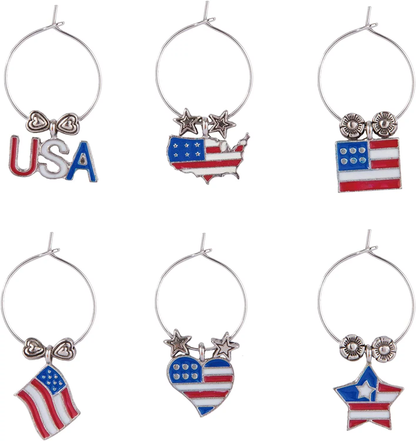 Wine Things 6-Piece Wine Charms/Wine Glass Tags/Drink Markers for Stem Glasses, Wine Tasting Party (Go USA)
