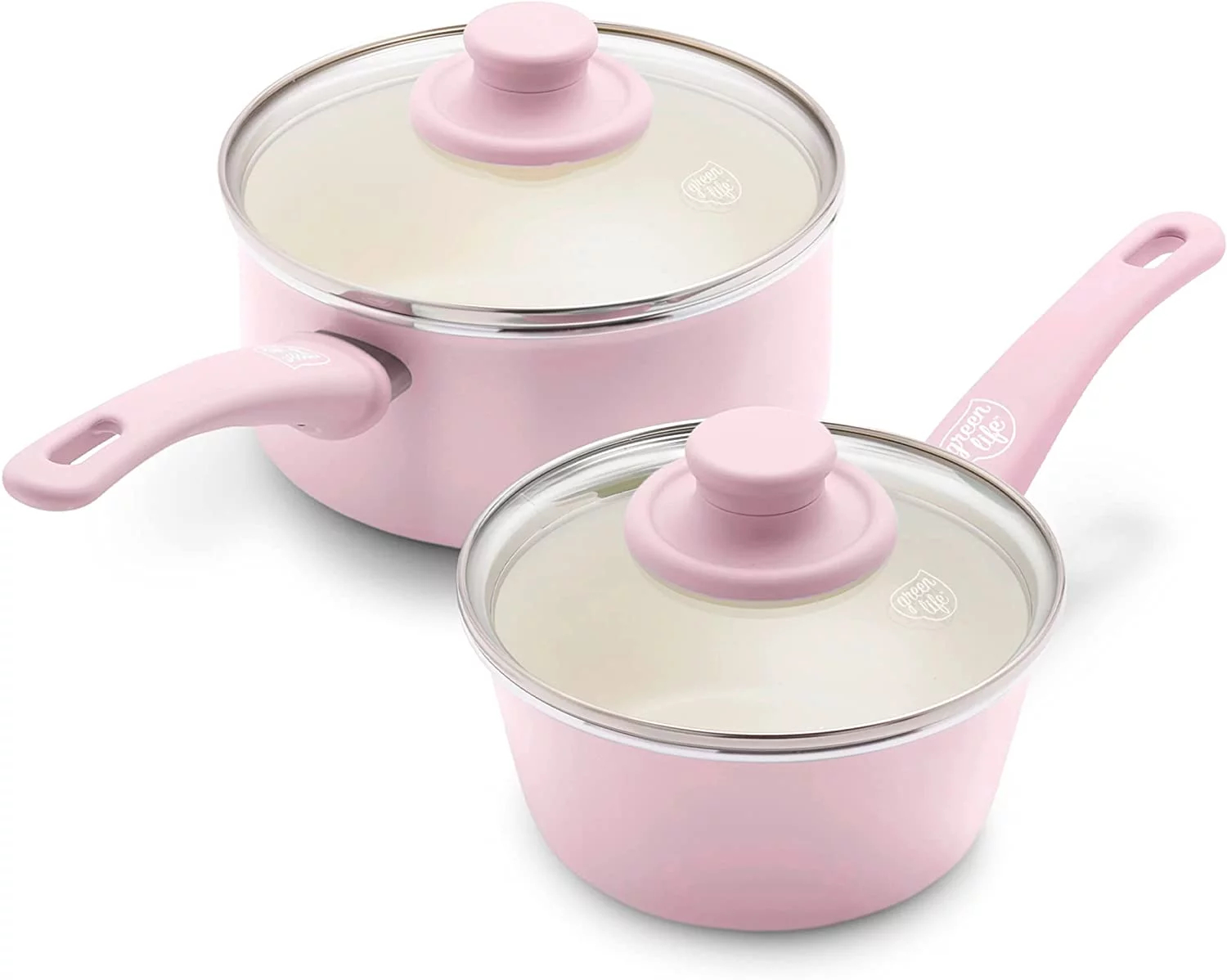 GreenLife Soft Grip Healthy Ceramic Nonstick, 1QT and 2QT Saucepan Pot Set with Lids, PFAS-Free, Dishwasher Safe, Soft Pink Soft Pink Saucepans