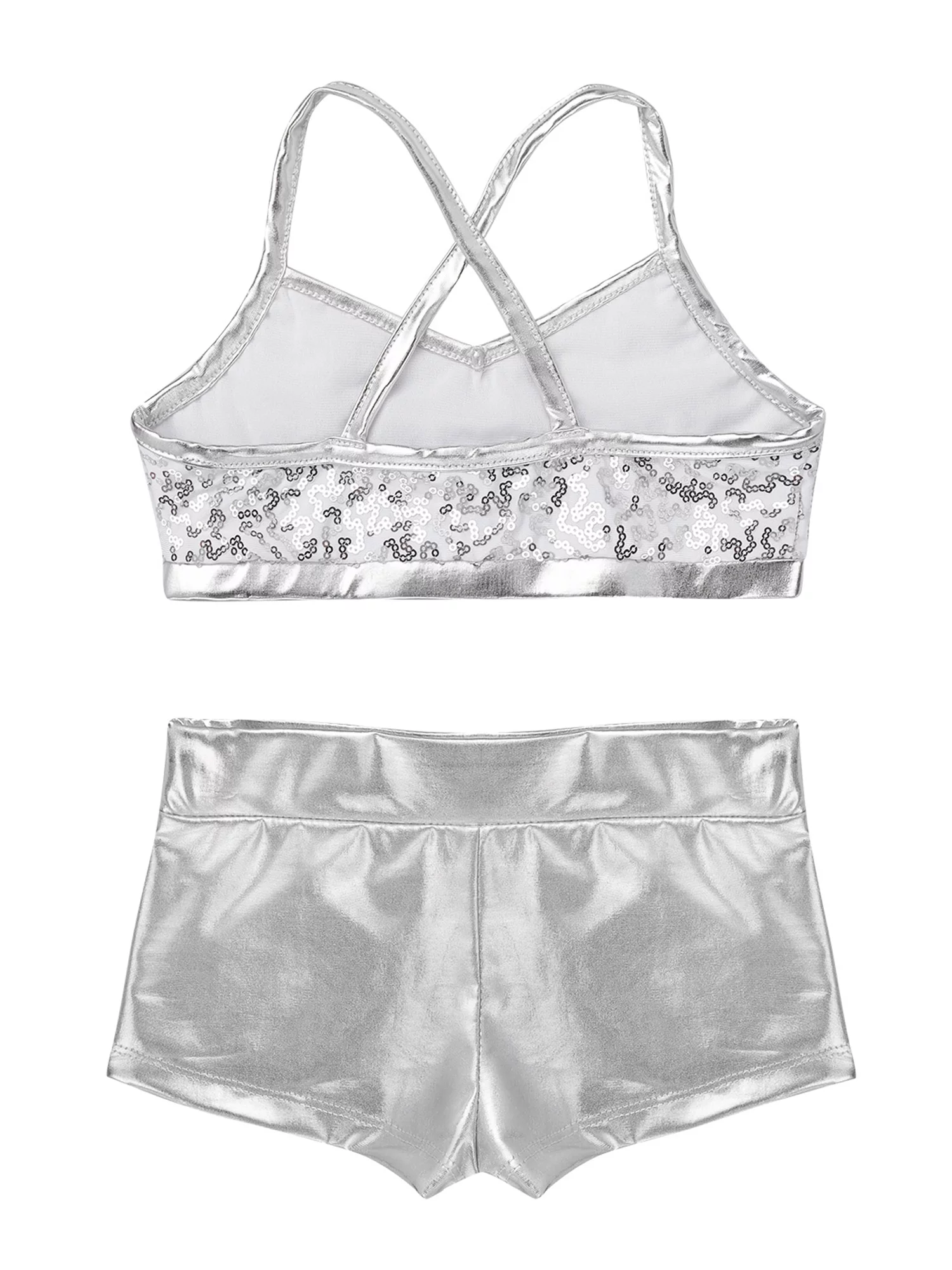 iEFiEL Kids Girls Sequins 2Pcs Ballet Dance Outfit Crop Top with Metallic Bottoms Set Silver 8