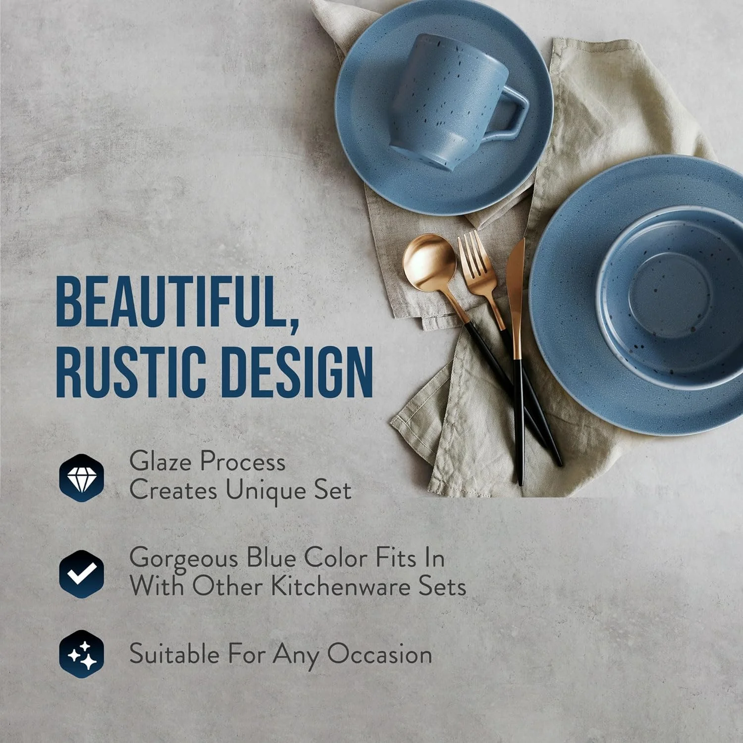 Reactive Stoneware Dinnerware Set | Coffee Mug, Bowl, Plate Set | Stoneware Dish Set | Microwave, Dishwasher Safe | Service For 2 | Speckled Blue 8-Piece Set