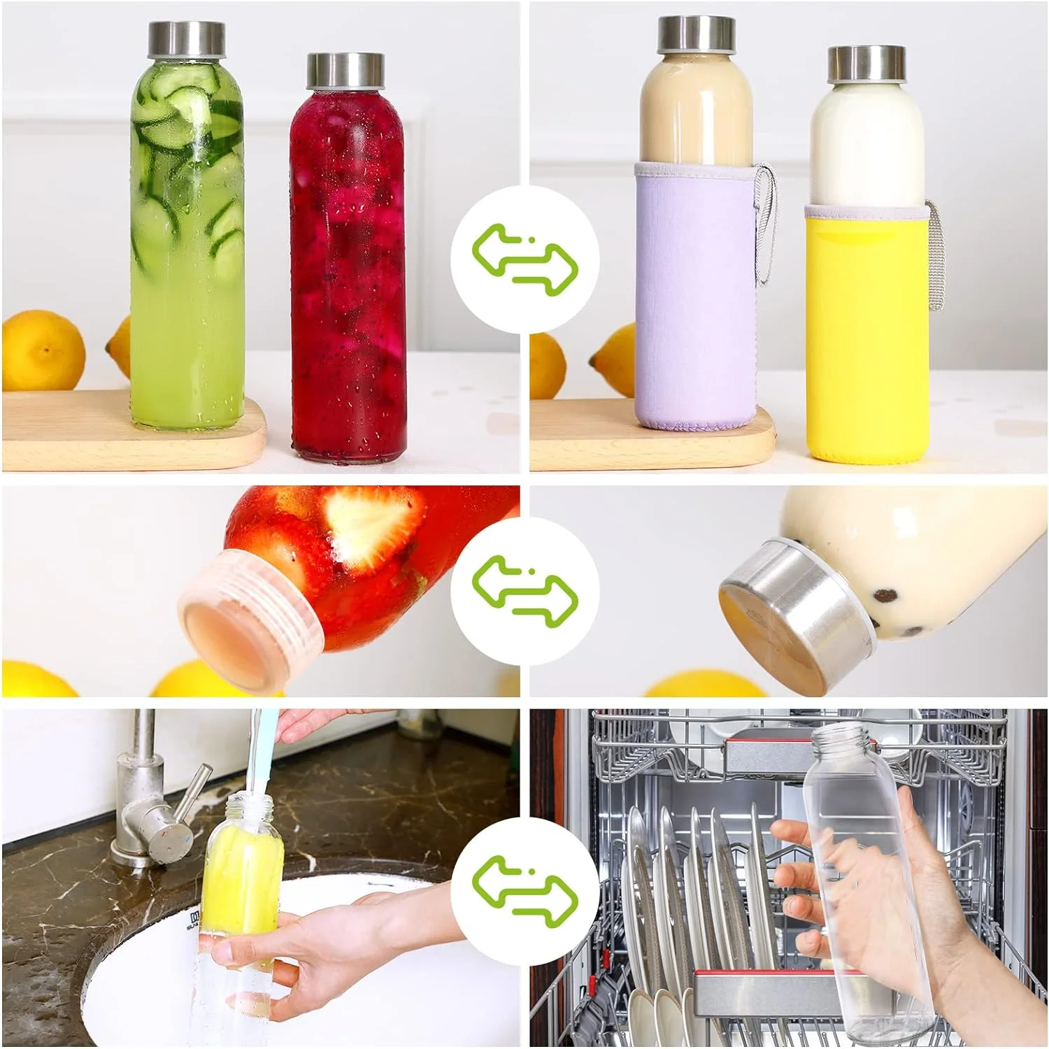 Fairy 12Pcs Glass Water Bottles with Sleeves and Stainless Steel Lids, Reusable Glass Juice Bottles Bulk, 18oz, Clear