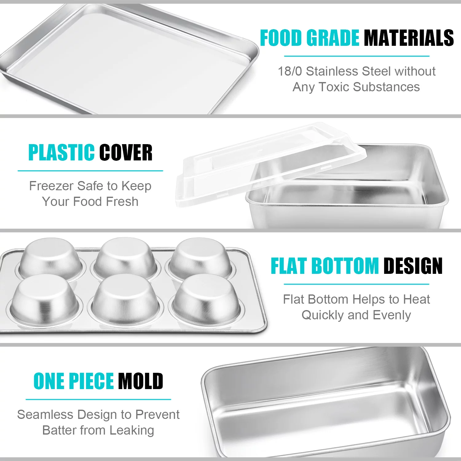 Walchoice Stainless Steel Bakeware Set of 6, Metal Toaster Oven Pans, Professional Baking Pans Include Cookie Sheet, Loaf & Muffin Pan