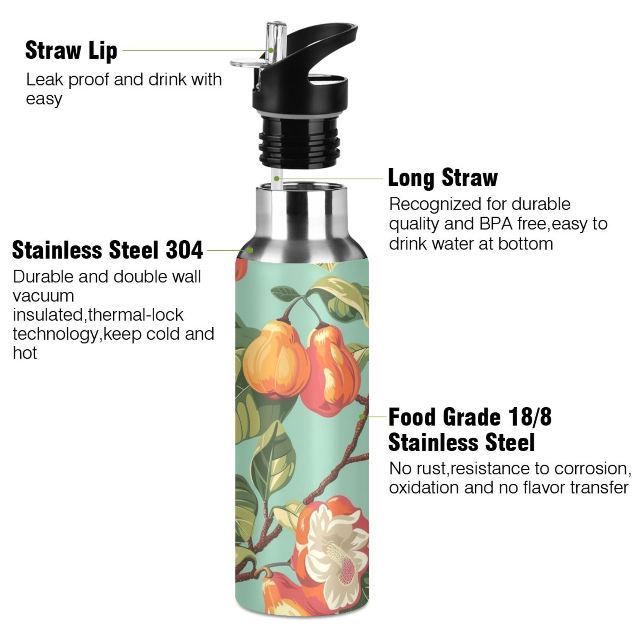 Cashew Fruit Water Bottles Insulated Thermos Kids Stainless Steel Bottle with Straw Lid Flask Leakproof for Sports Gym 20 oz