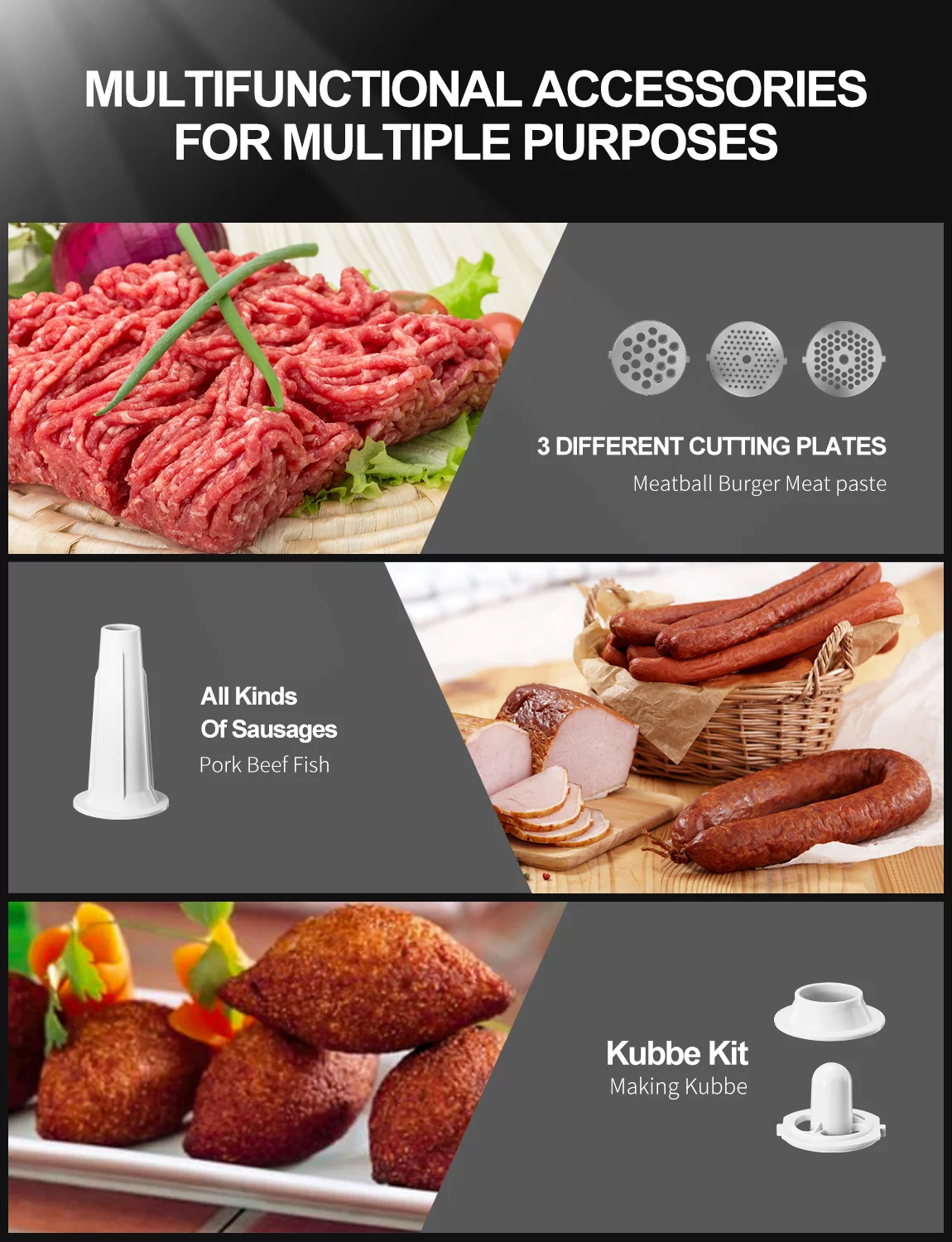 Meat Grinder Electric, Stainless Steel Compact Sausage Stuffer, 3 Grinding Plates & 2 Blades