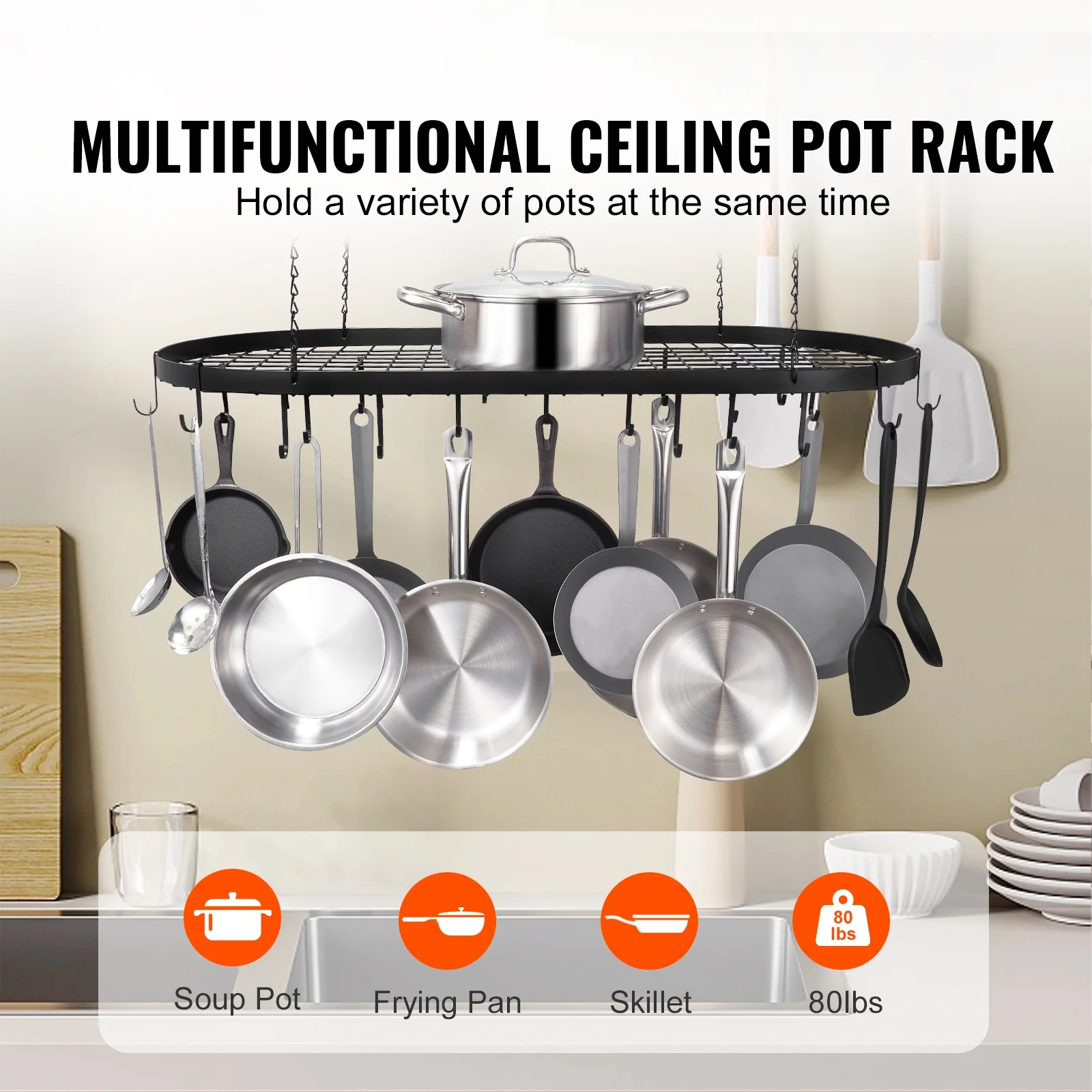 BENTISM Hanging Pot Rack Ceiling Mount 36 inch Ceiling Pot Rack with 20 S Hooks