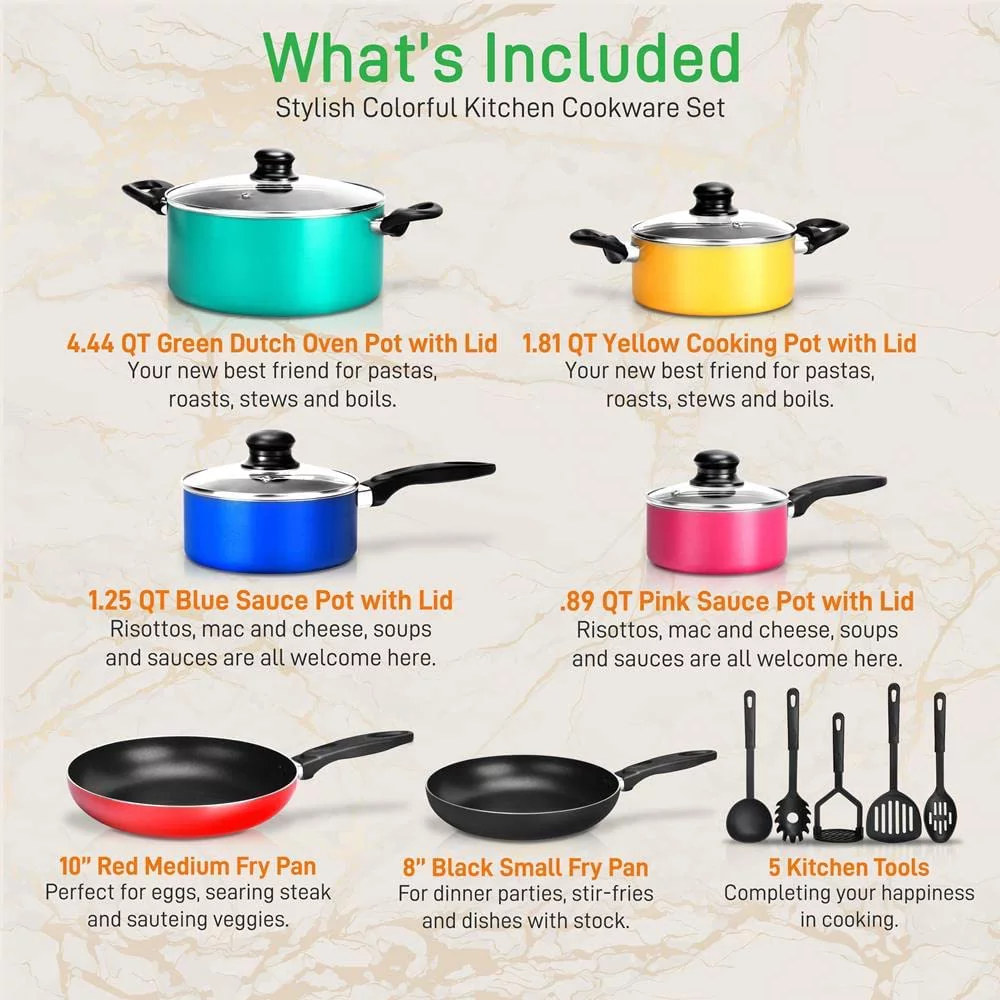 15-Piece Nonstick Kitchen Cookware Set PTFE/PFOA/PFOS- Free | Colorful Heat Resistant Lacquer Kitchen Ware Pots Pan Set w/Saucepot, Frying Pans, Pots, Oven Pot, Lids, 5 Utensil - YHZCY NCCWCOR15